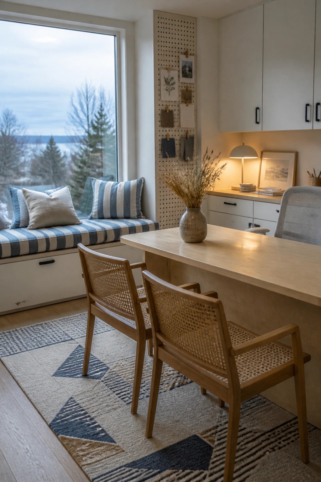 A home office interior showing a light wood desk with two woven chairs, a pegboard display wall, white cabinets, and a built-in window seat with blue striped cushions.