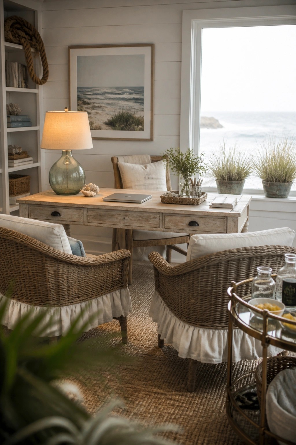 A light wood desk faces a large window with an ocean view, flanked by two woven armchairs with white ruffled skirts and a bar cart nearby.