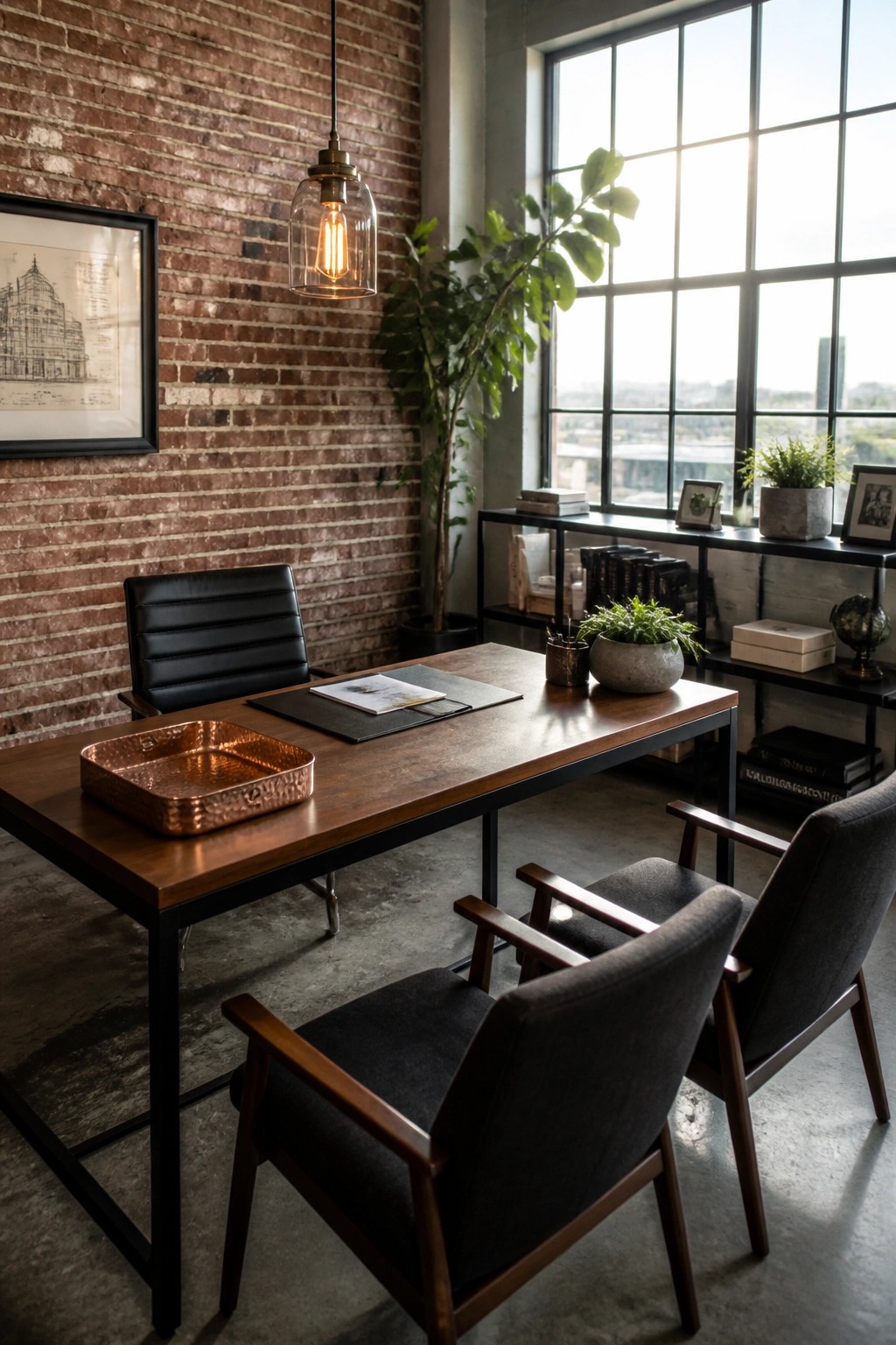 A home office with a wooden desk, black metal frame, copper tray, and three chairs positioned for meetings, set against a brick wall with a large window nearby.
