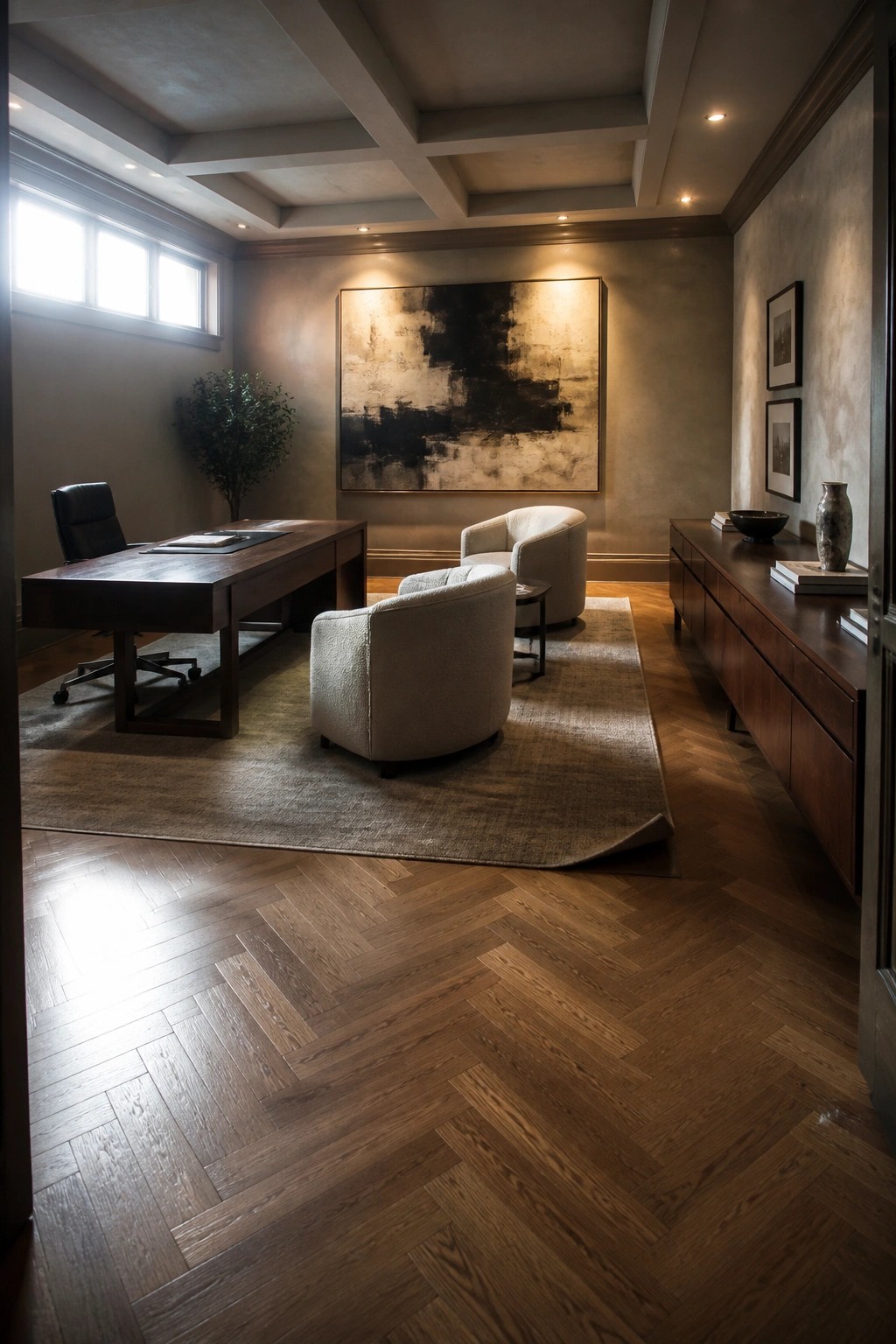 Luxurious office with dark wood desk, beige armchairs, abstract painting, and herringbone floor.