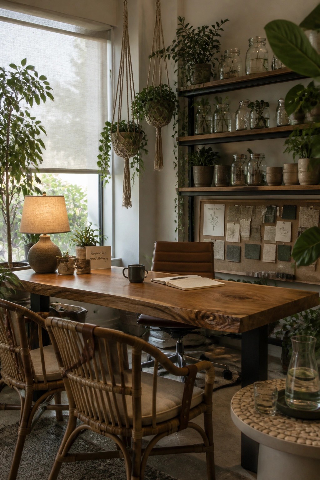 A home office featuring a large wooden desk, brown leather office chair, two rattan chairs, hanging macrame plants, and wooden shelves filled with potted plants and glass jars.