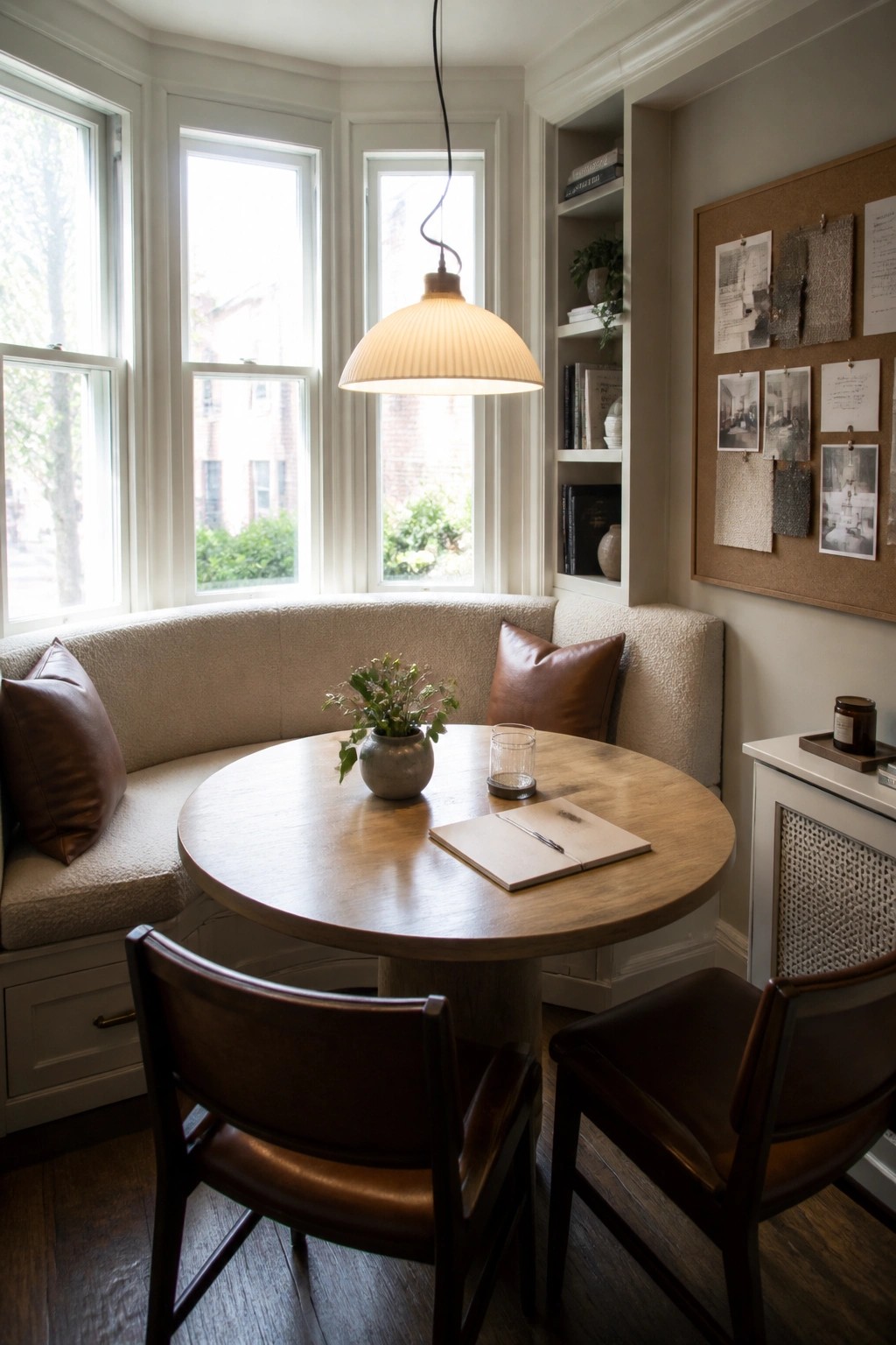 A round wooden table with two leather chairs sits in front of a curved built-in bench under three windows, with a pendant light above and a corkboard on the wall.