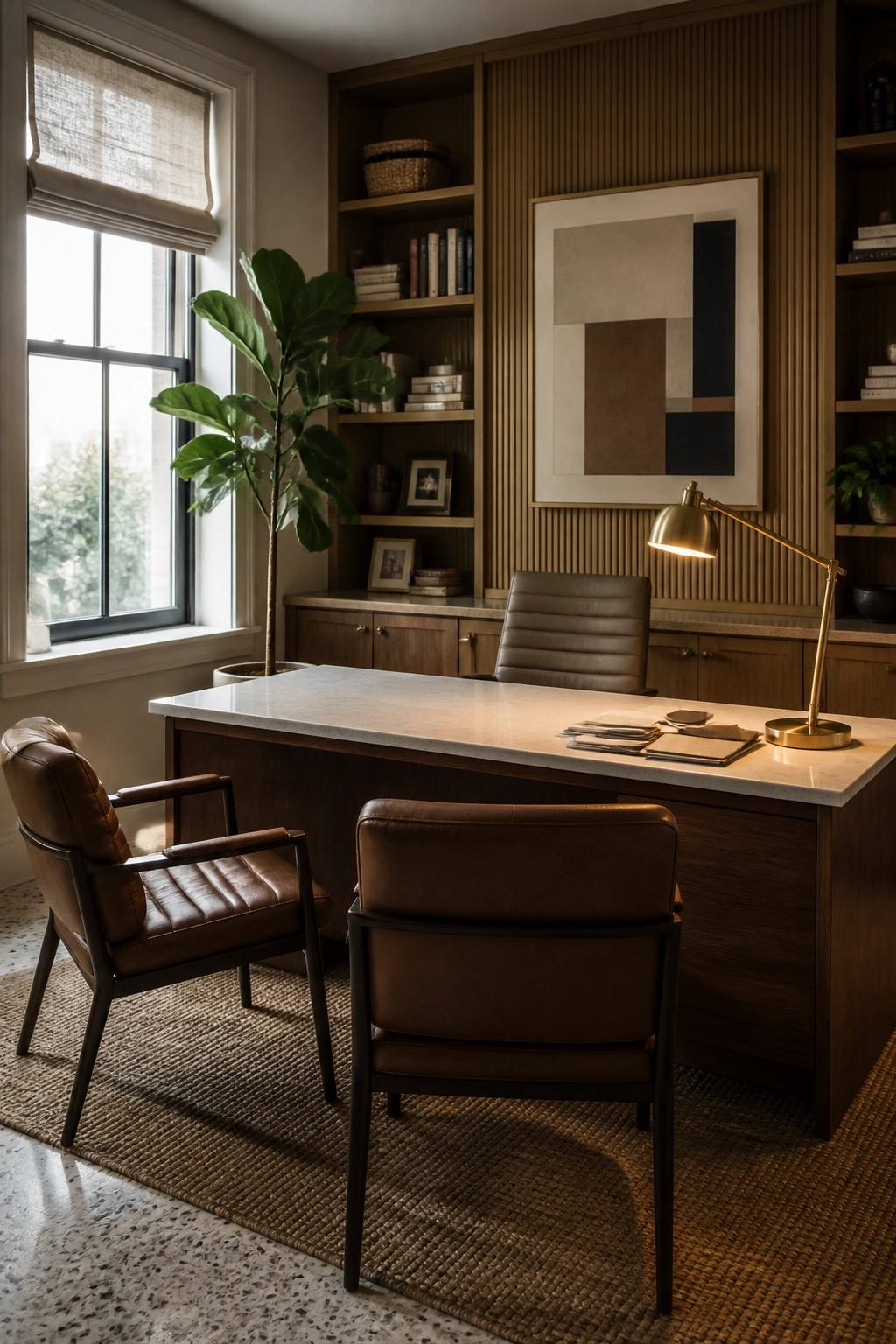 Modern office with marble-top wooden desk, brown leather chairs, bookshelves, and abstract art