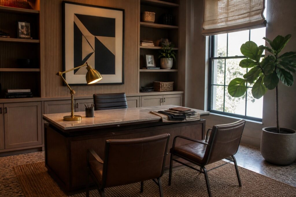 Modern office with marble-top wooden desk, brown leather chairs, bookshelves, and abstract art