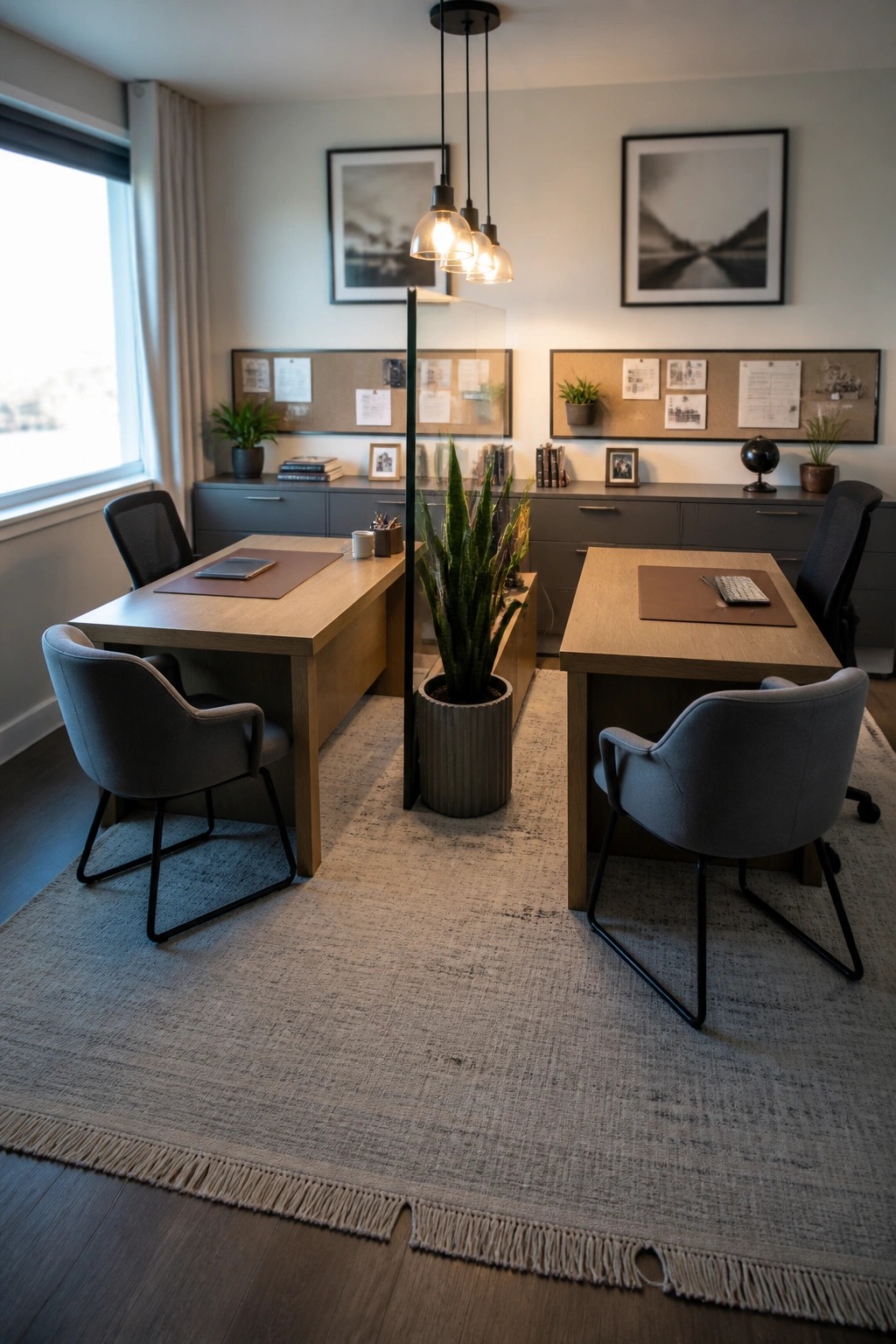 Two wooden desks face each other in a home office, separated by a tall glass panel with a large potted plant in front, under three pendant lights on a large area rug.