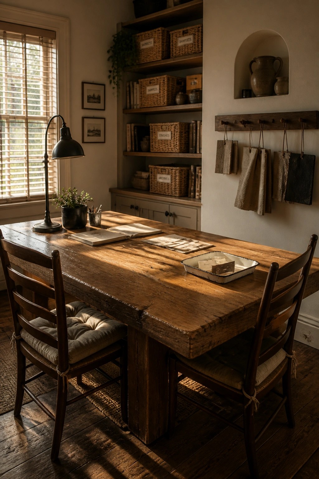 A rustic wooden desk with chairs in a home office, featuring open wooden shelves holding labeled wicker baskets and fabric samples hanging on a nearby wall.