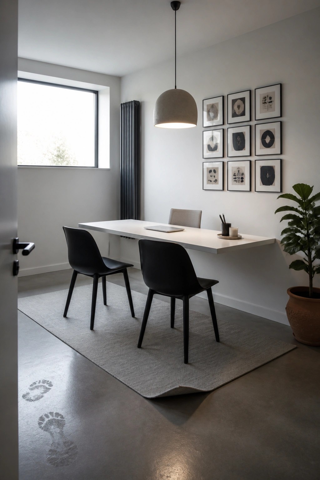 A minimalist home office features a white floating desk against a plain wall, two black chairs on a gray rug, a large pendant light, and a grid of framed abstract art.