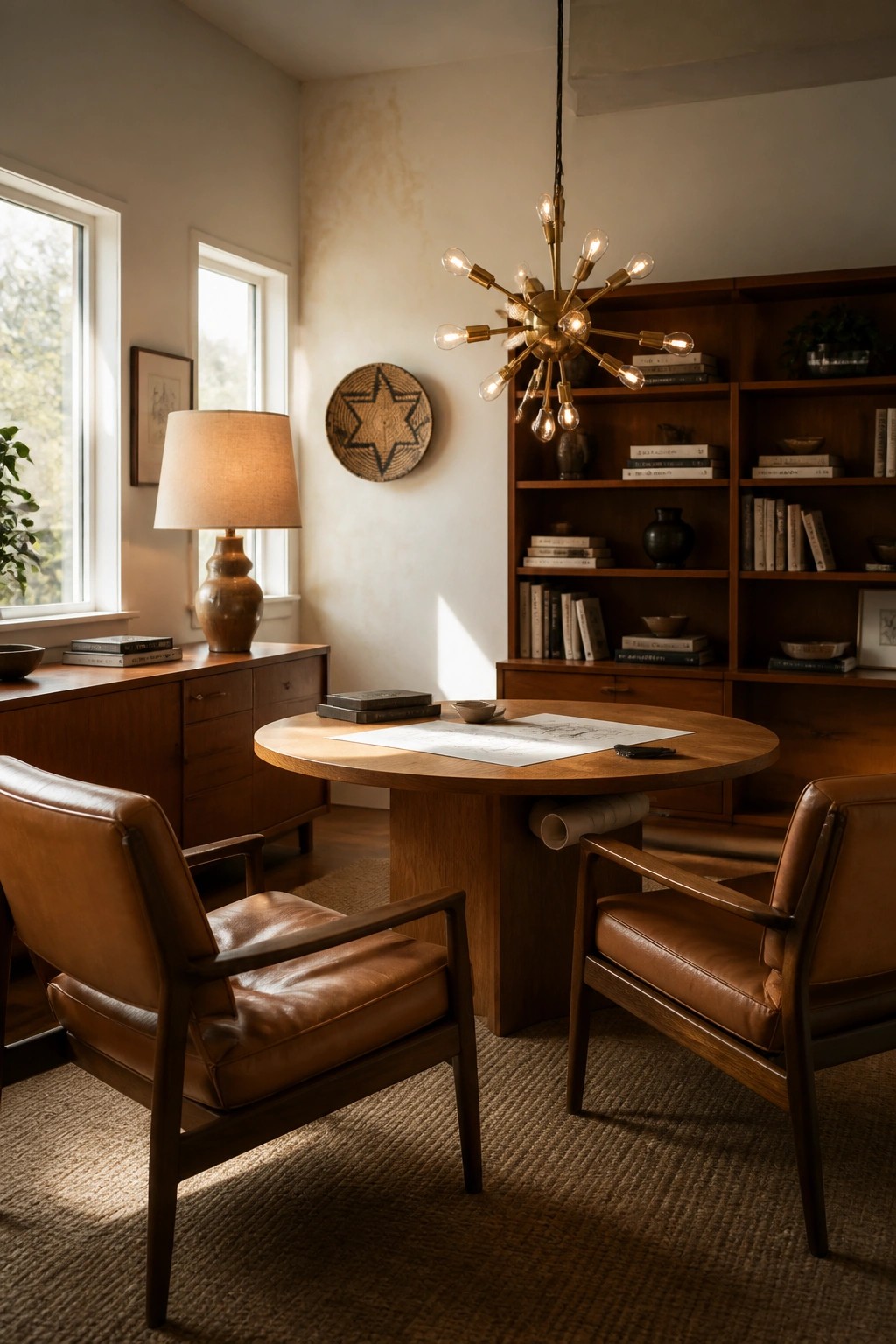 A home office featuring a round wooden table with two brown leather armchairs, built-in wooden bookshelves, and a modern brass chandelier overhead.