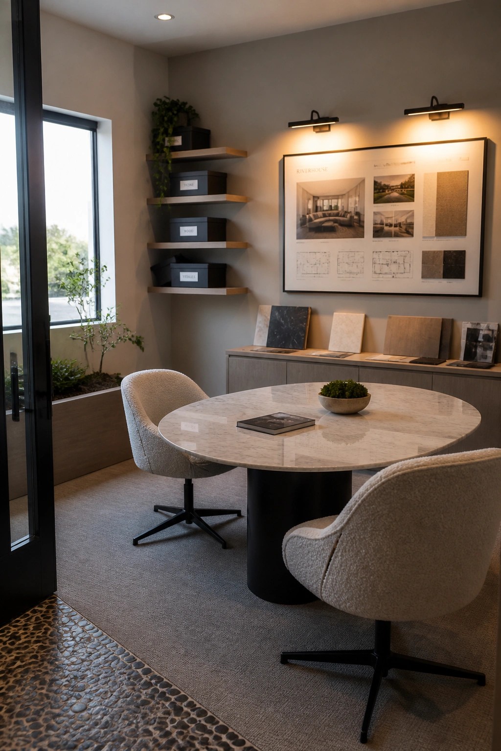 Round marble table with two upholstered swivel chairs in a neutral home office, with material samples displayed on a cabinet and a large framed presentation board on the wall.