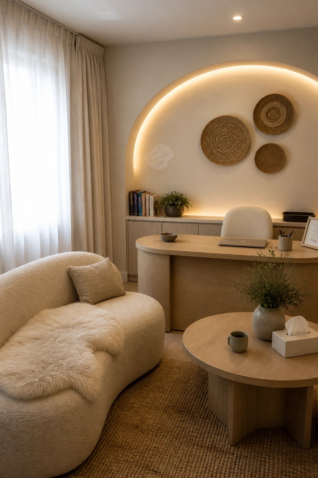 A home office featuring a curved wooden desk positioned inside a backlit arched niche with woven wall decor, books, and a small plant, alongside a white curved sofa and round coffee table on a jute rug.