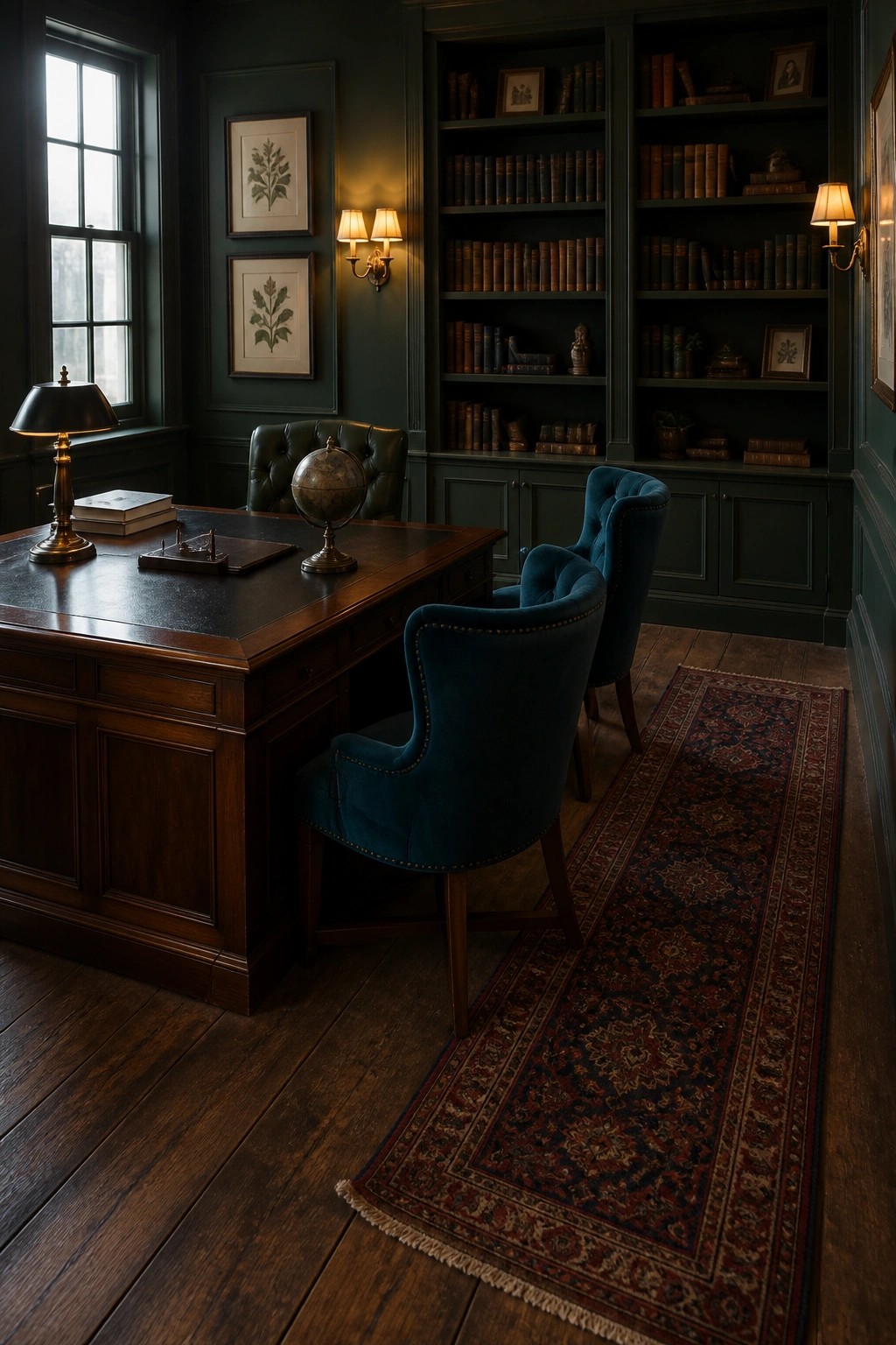 A dark green home office featuring a large wooden desk with two blue velvet armchairs placed directly in front of it and built-in bookshelves along the back wall.