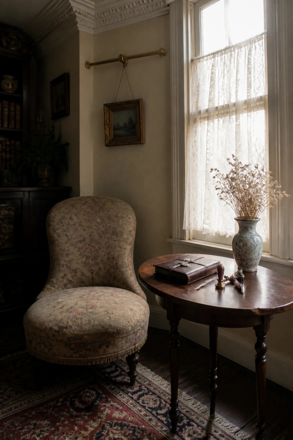 A patterned armchair with ottoman sits beside a round wooden table holding a journal and vase, placed in front of a window with lace curtains.