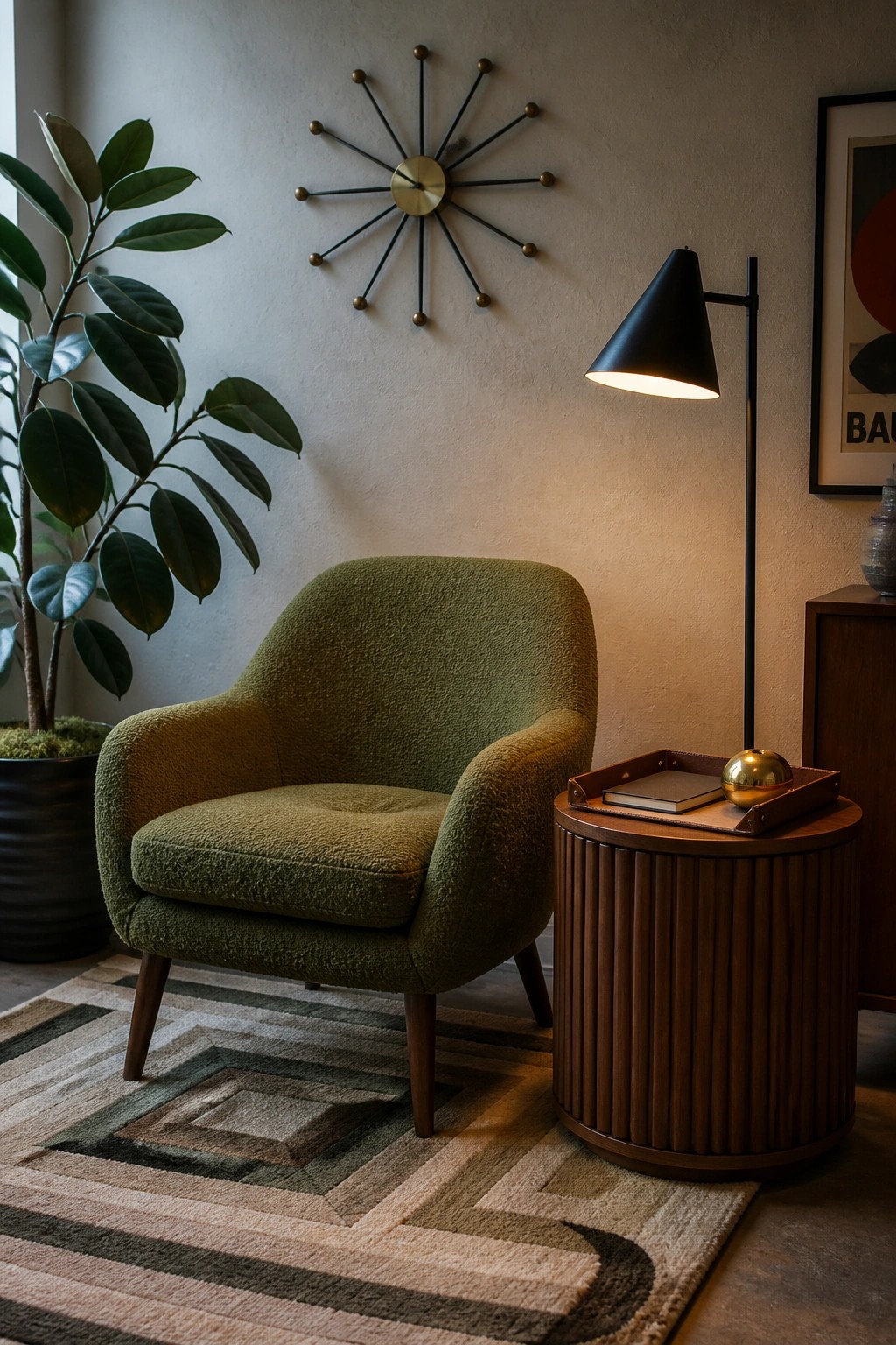 A green upholstered armchair on a patterned rug beside a round wooden side table holding a lit black floor lamp.