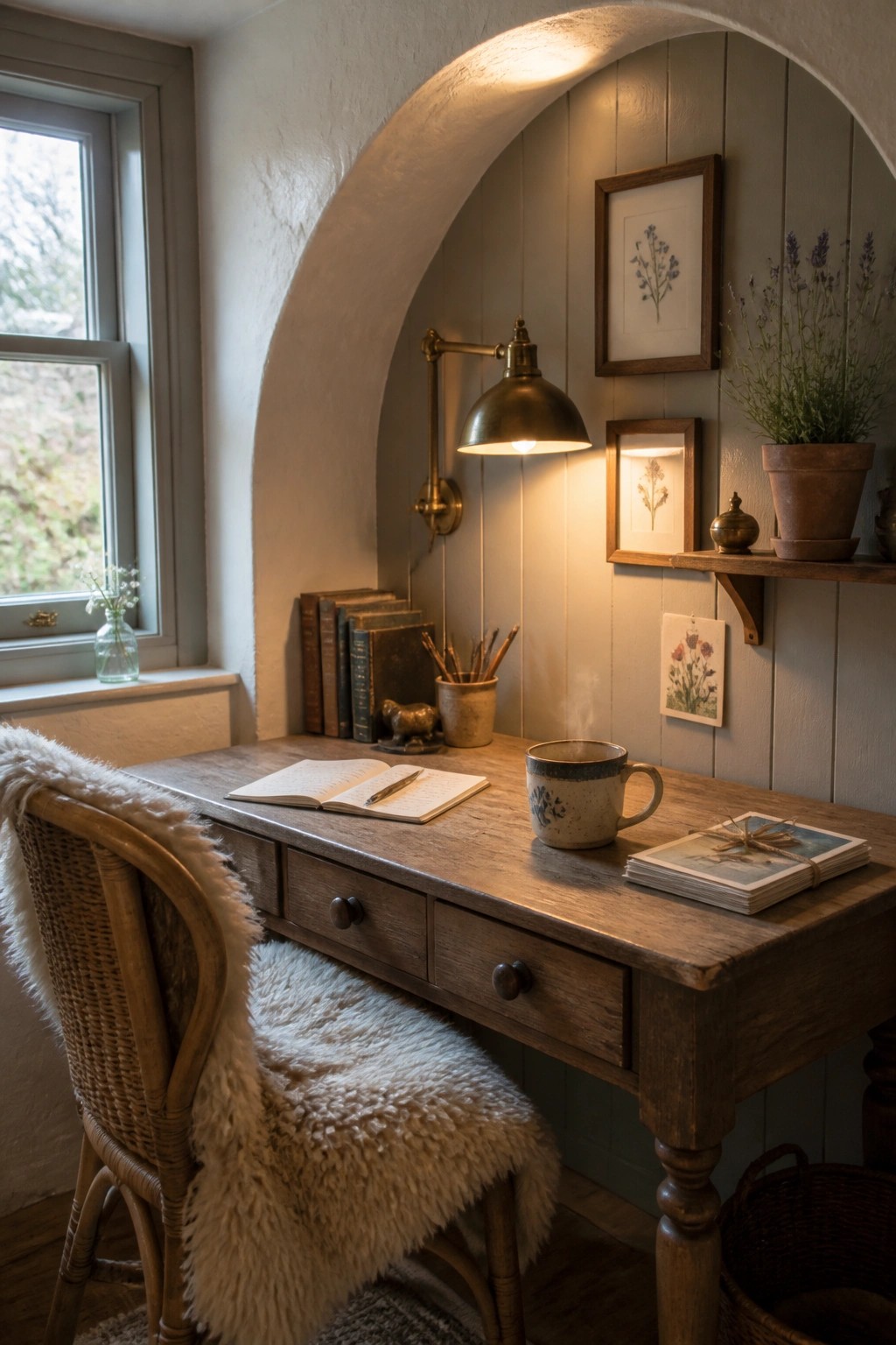A wooden desk with an open notebook sits inside a light gray arched alcove, lit by a brass wall lamp, with a woven chair draped in sheepskin in the foreground.