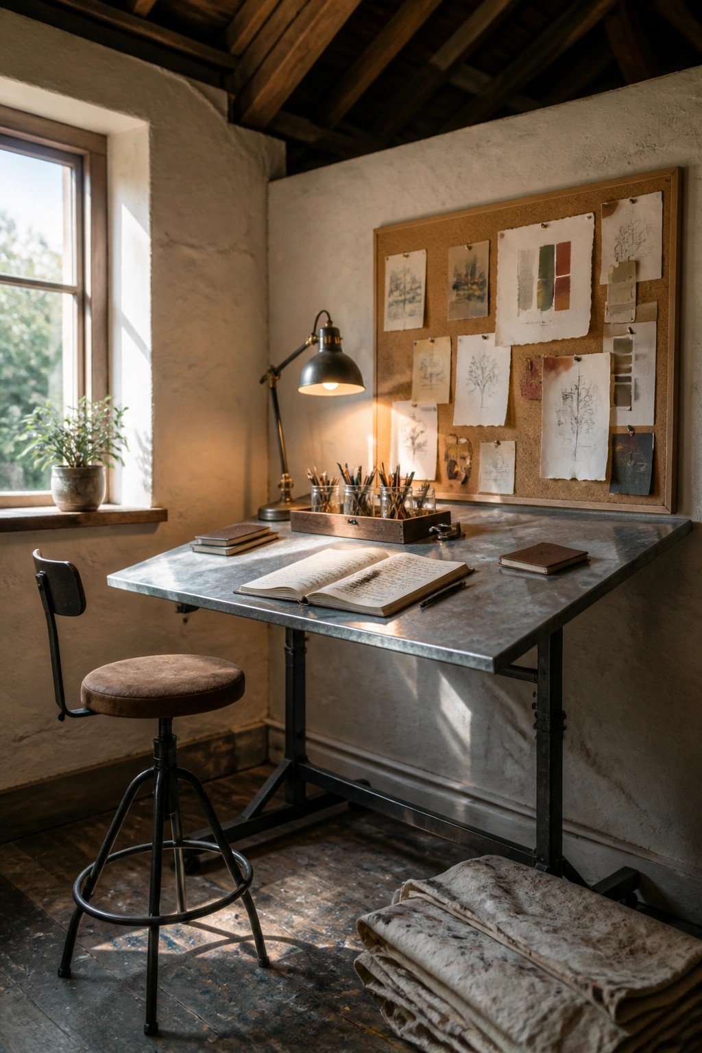 A rustic interior workspace with a large metal desk holding an open notebook, a stool, a lit desk lamp, and a corkboard on the wall displaying sketches and color samples.