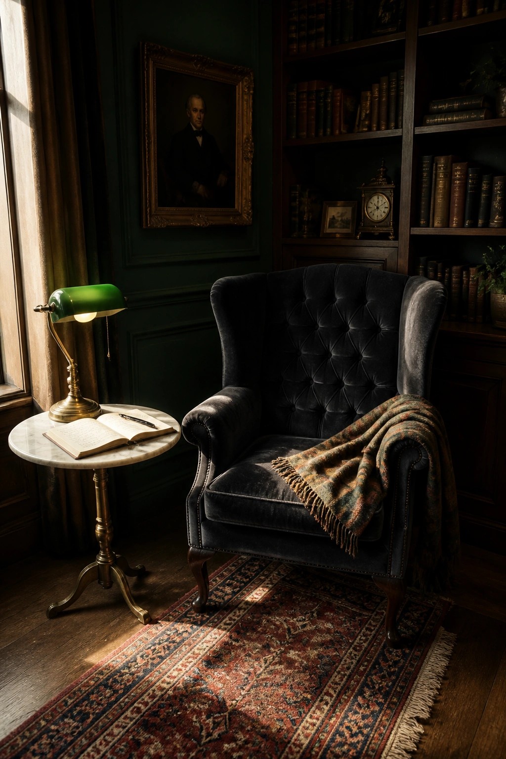 Dark velvet armchair with plaid throw beside green lamp and bookshelves in study