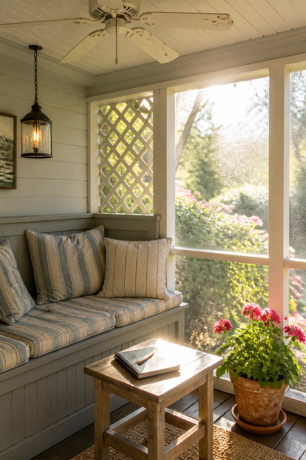 Cozy screened porch with striped bench cushions, wooden stool, notebook, and pink geraniums in sunlight