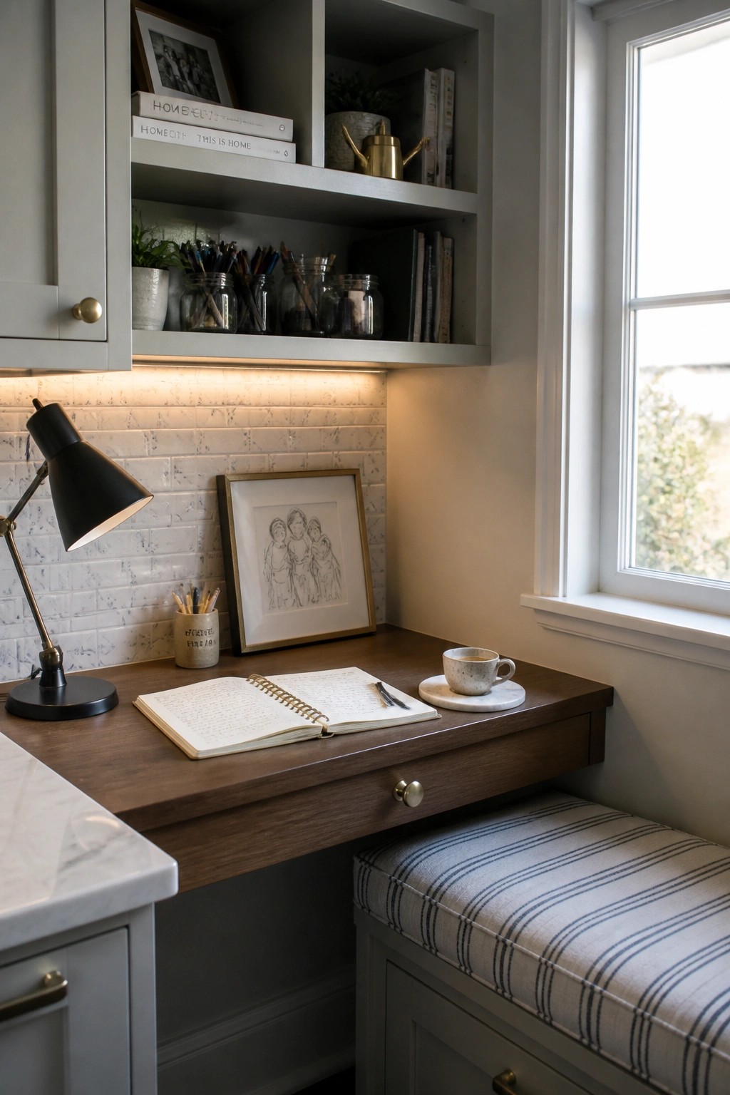 A built-in wooden desk with open shelves above holding books and jars, a black desk lamp, an open notebook, and a striped upholstered bench seat below.