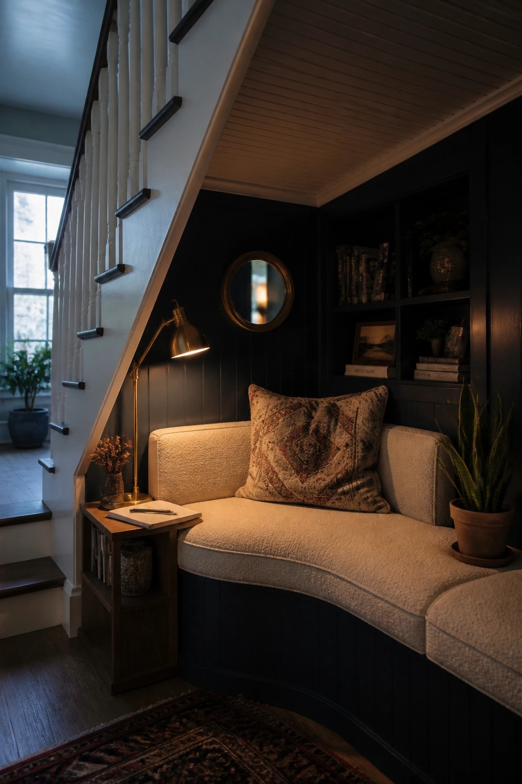 A curved upholstered bench with a patterned pillow is tucked under a staircase beside built-in dark shelves holding books and a brass lamp.