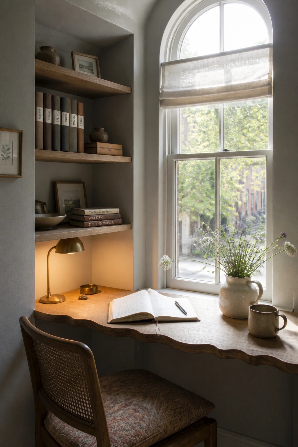 Cozy wooden desk with open book, brass lamp, flowers by arched window