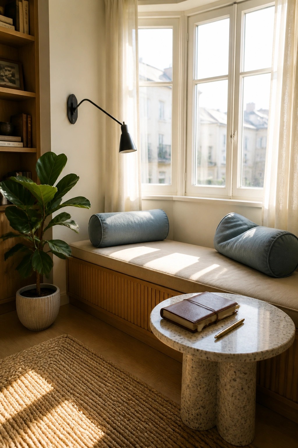 An interior view of a built-in wooden window bench with beige cushions and two blue bolster pillows, a potted plant on the left, a round stone table in front holding a notebook and pen, and a black wall lamp above.