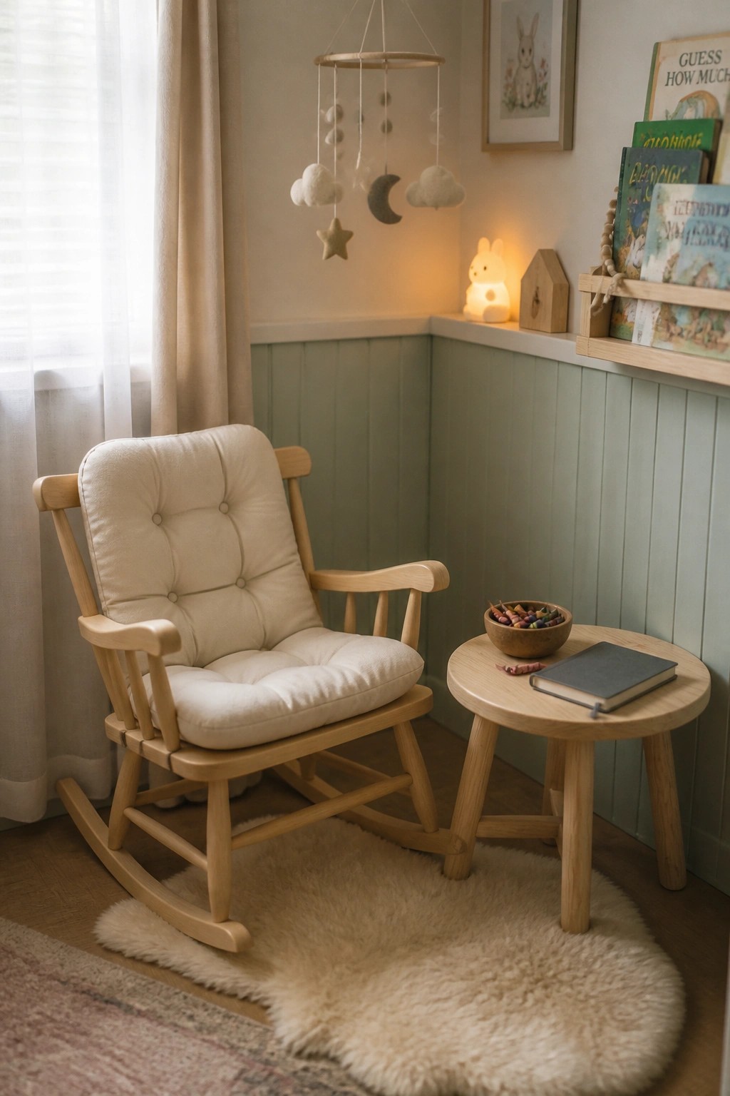A light wood rocking chair with white cushions sits on a fluffy beige rug beside a round wooden table holding a notebook and bowl of crayons in a softly lit room corner.