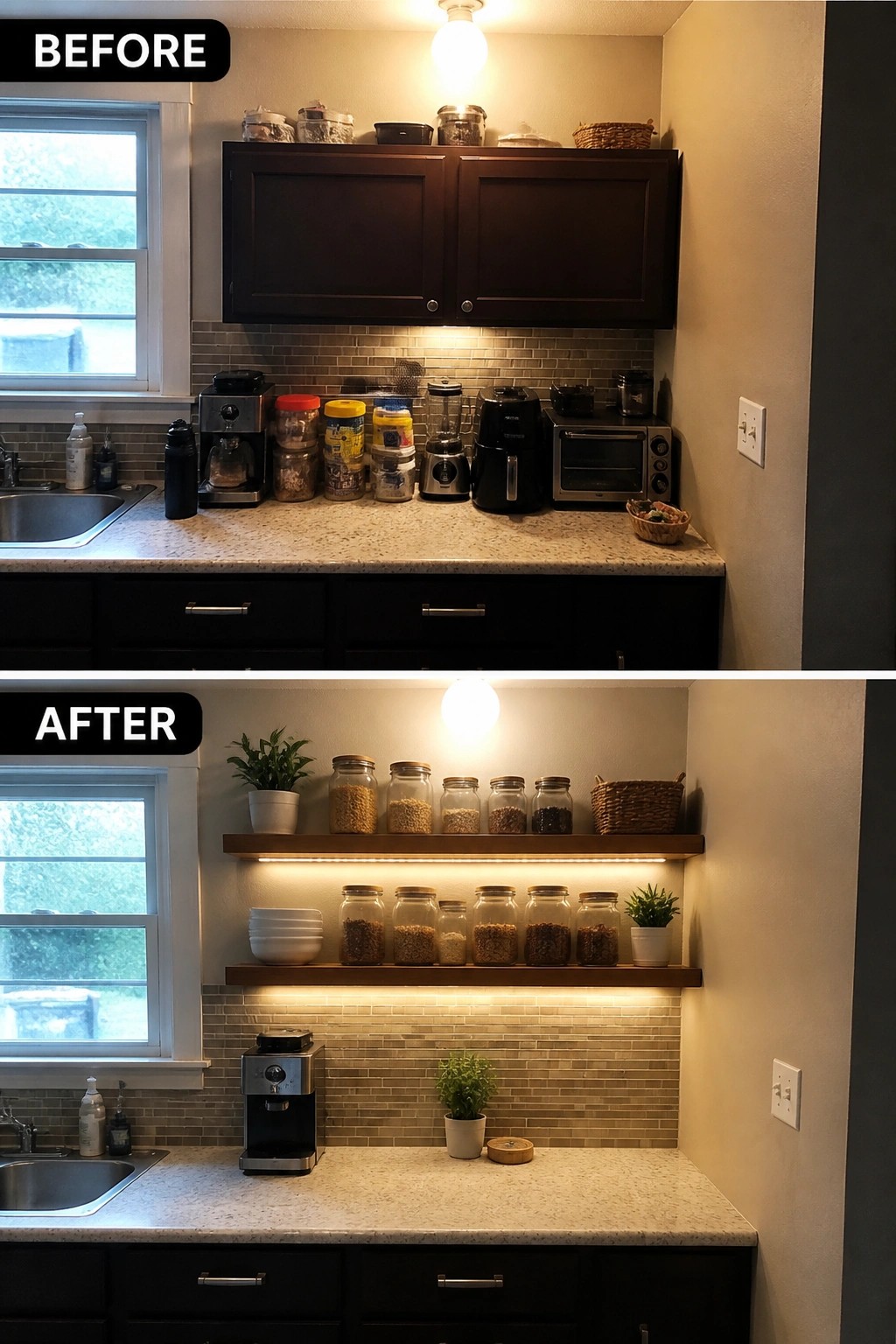 Before and after kitchen counter with cluttered appliances transformed into lit floating shelves.