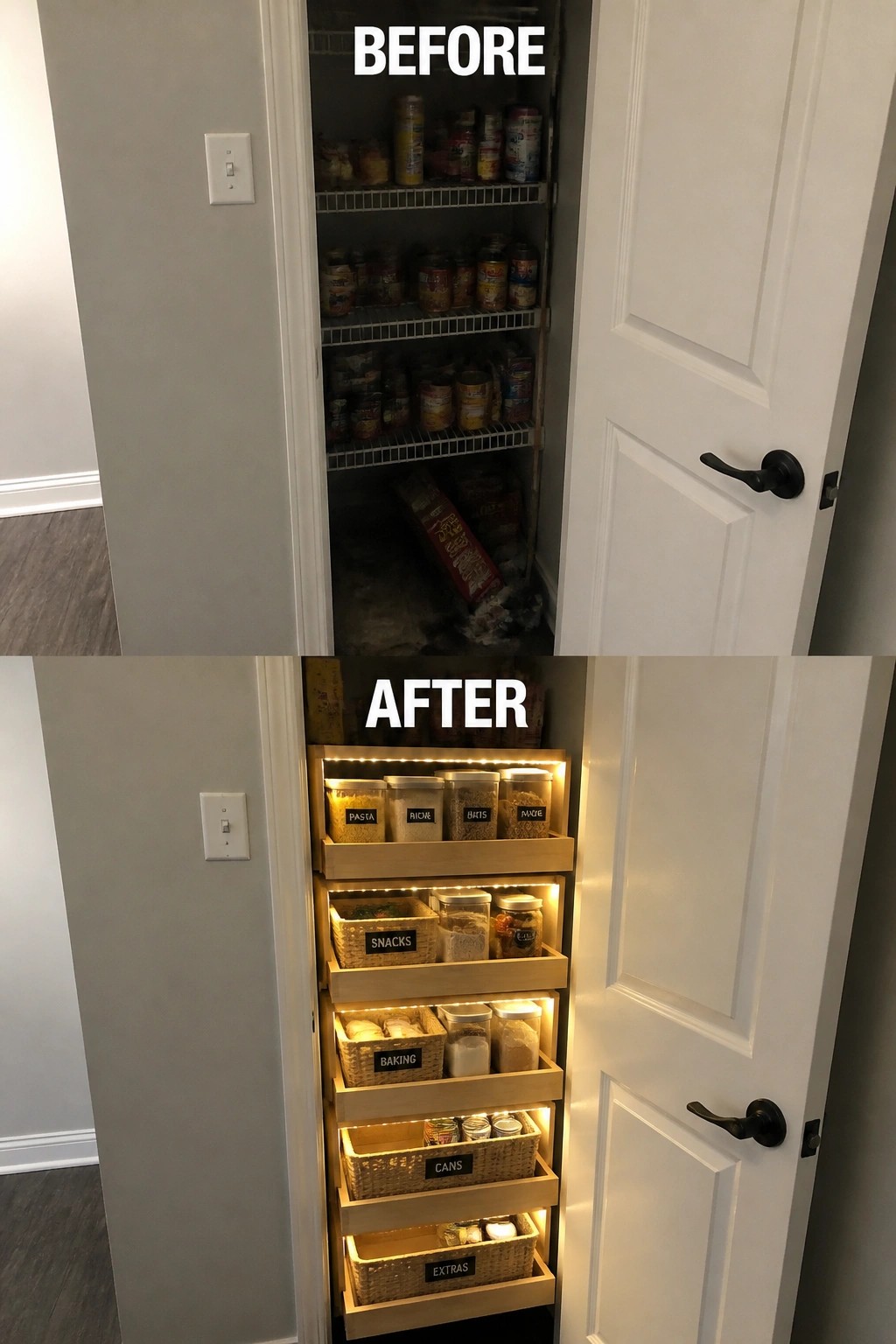 Before messy pantry and after organized lit pull-out wooden drawers with labels.