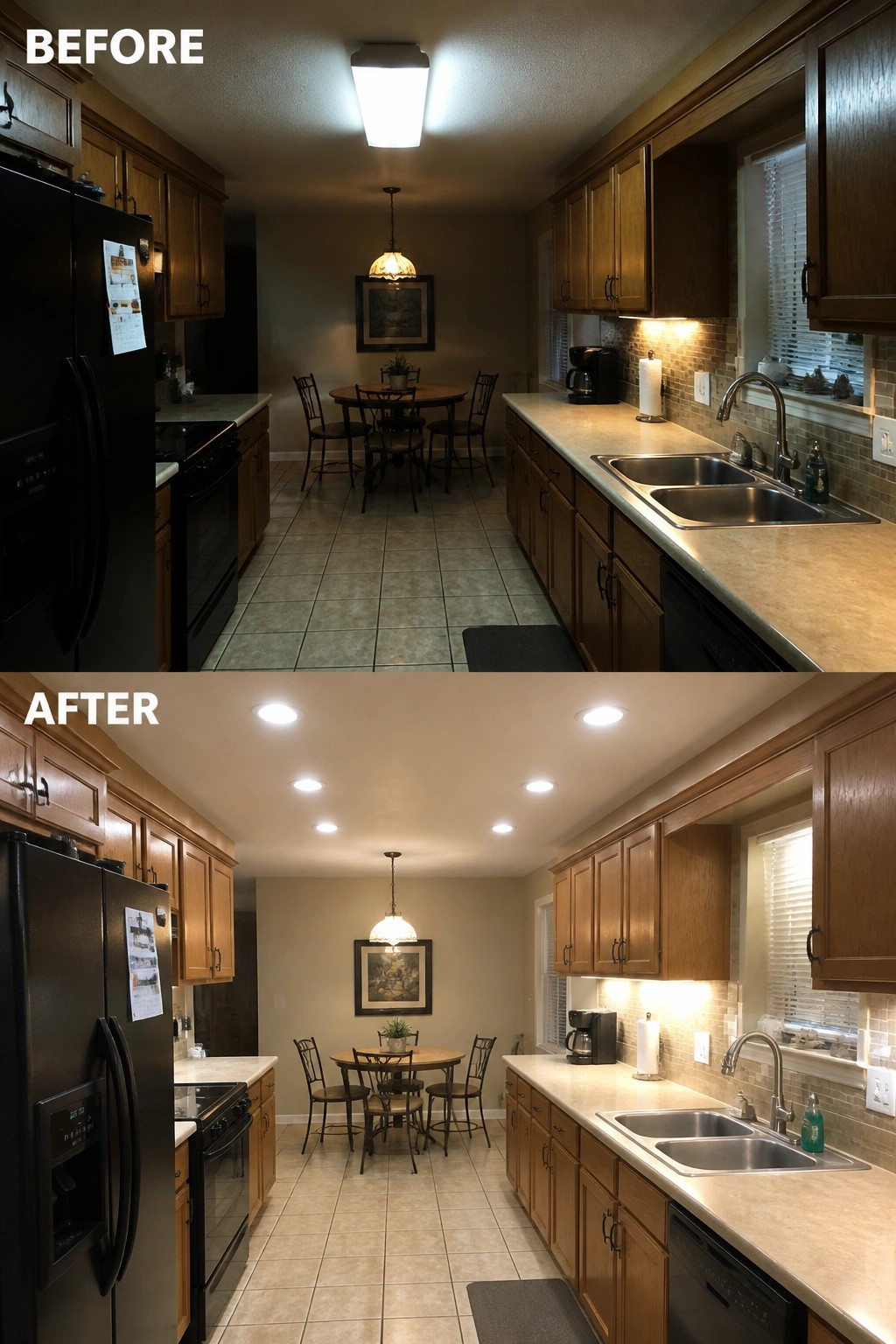 Before-and-after image of a kitchen with added recessed ceiling lights for better task lighting.