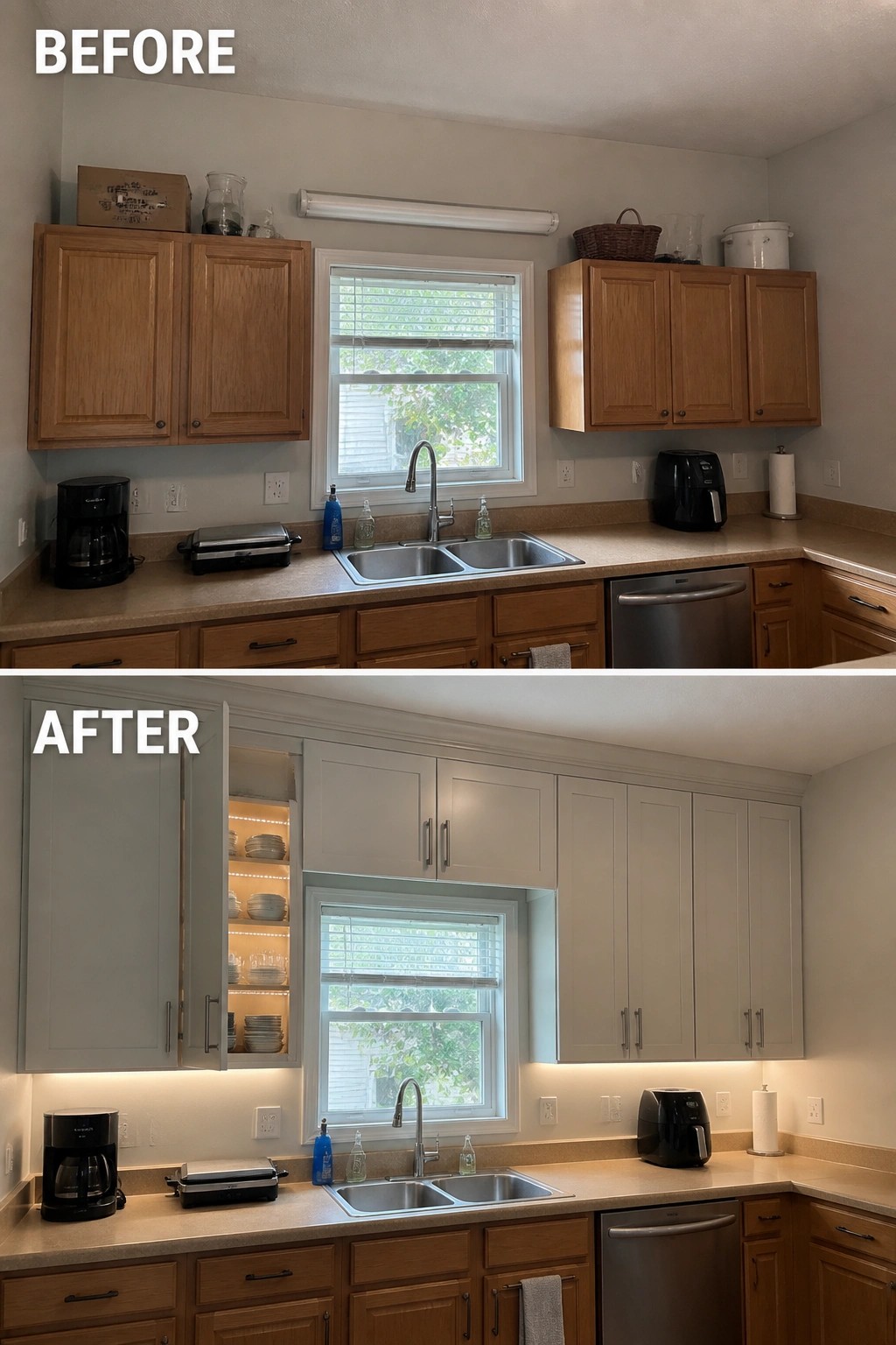 Before-and-after image of a kitchen showing dated wooden cabinets updated to light gray cabinets with added under-cabinet lighting and illuminated open shelving.