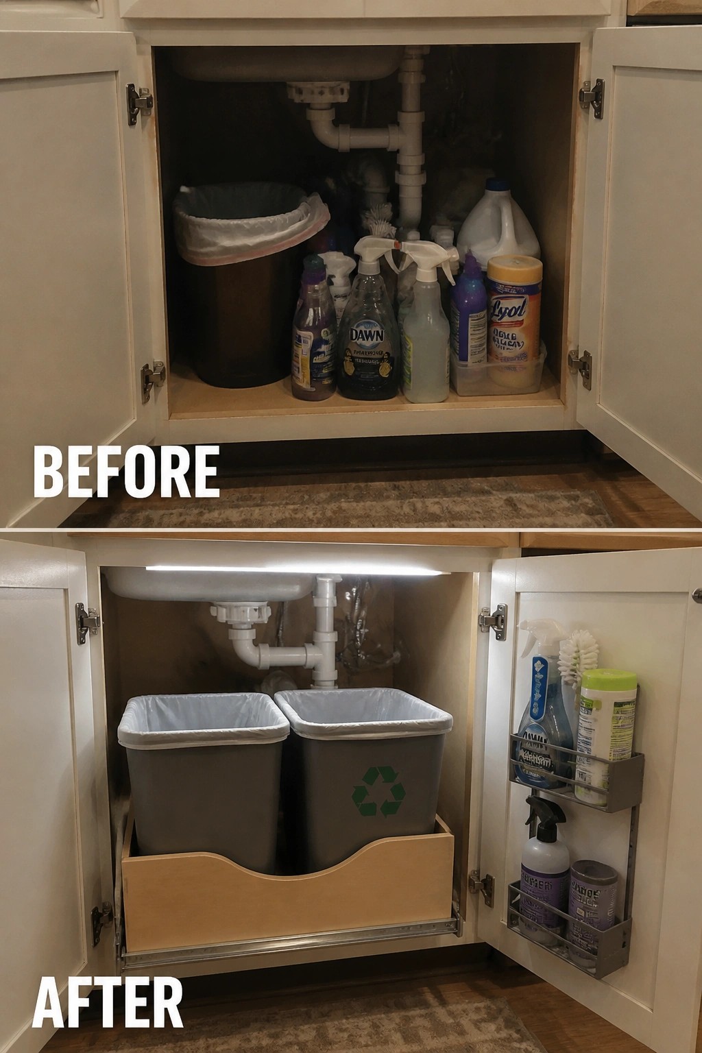 Before cluttered under-sink cabinet and after with pull-out bins, racks, and LED light.