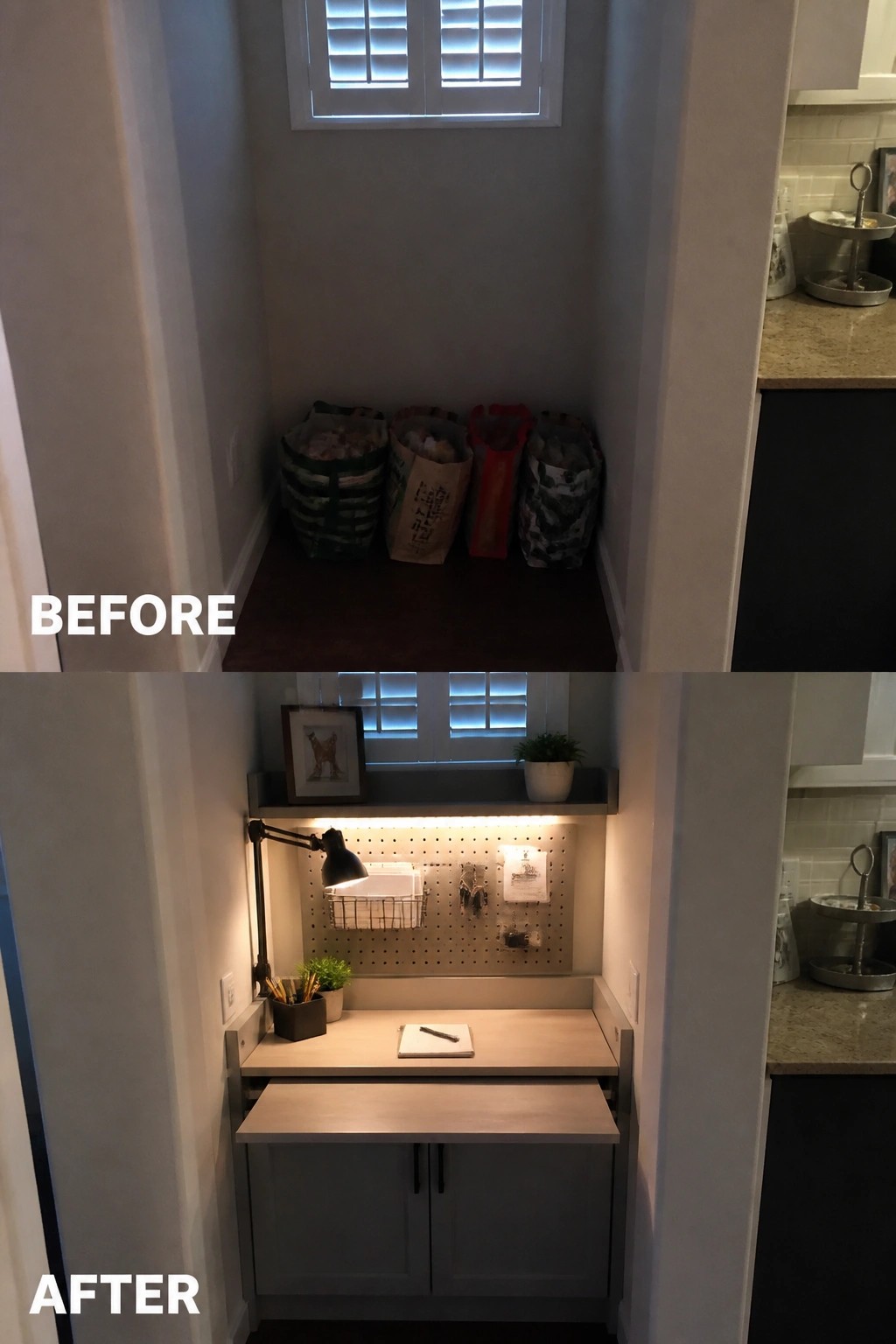 Before-and-after image of a dark kitchen alcove filled with storage bags changed into a workspace with a desk, pegboard, under-shelf lighting, and cabinet storage.