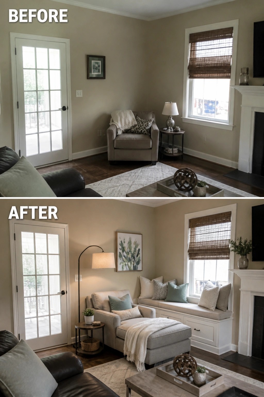 Before and after living room renovation with new window seat and decor
