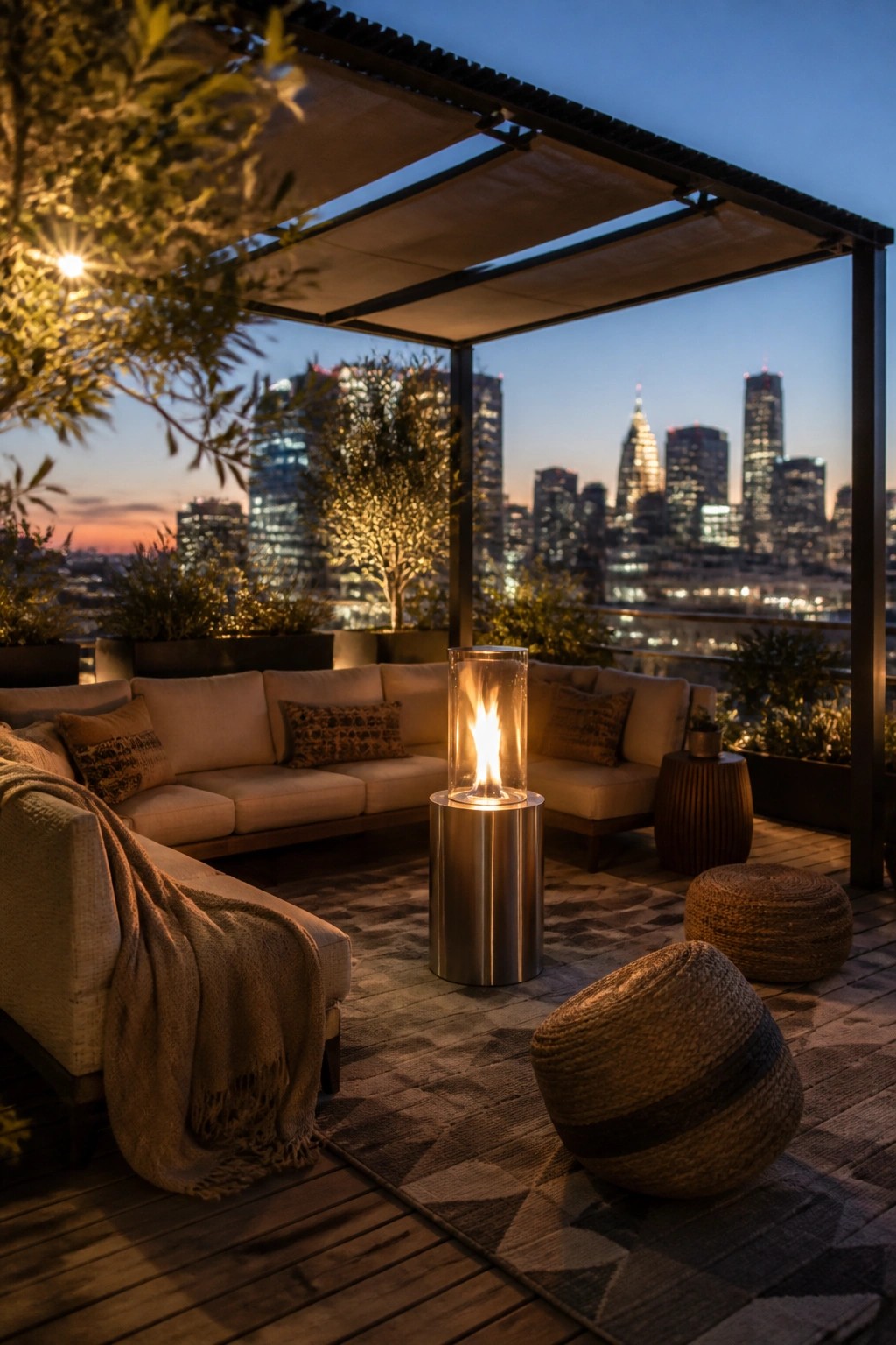 A rooftop deck at dusk with a tall cylindrical glass fireplace surrounded by curved sofas, woven poufs, and a city skyline beyond.