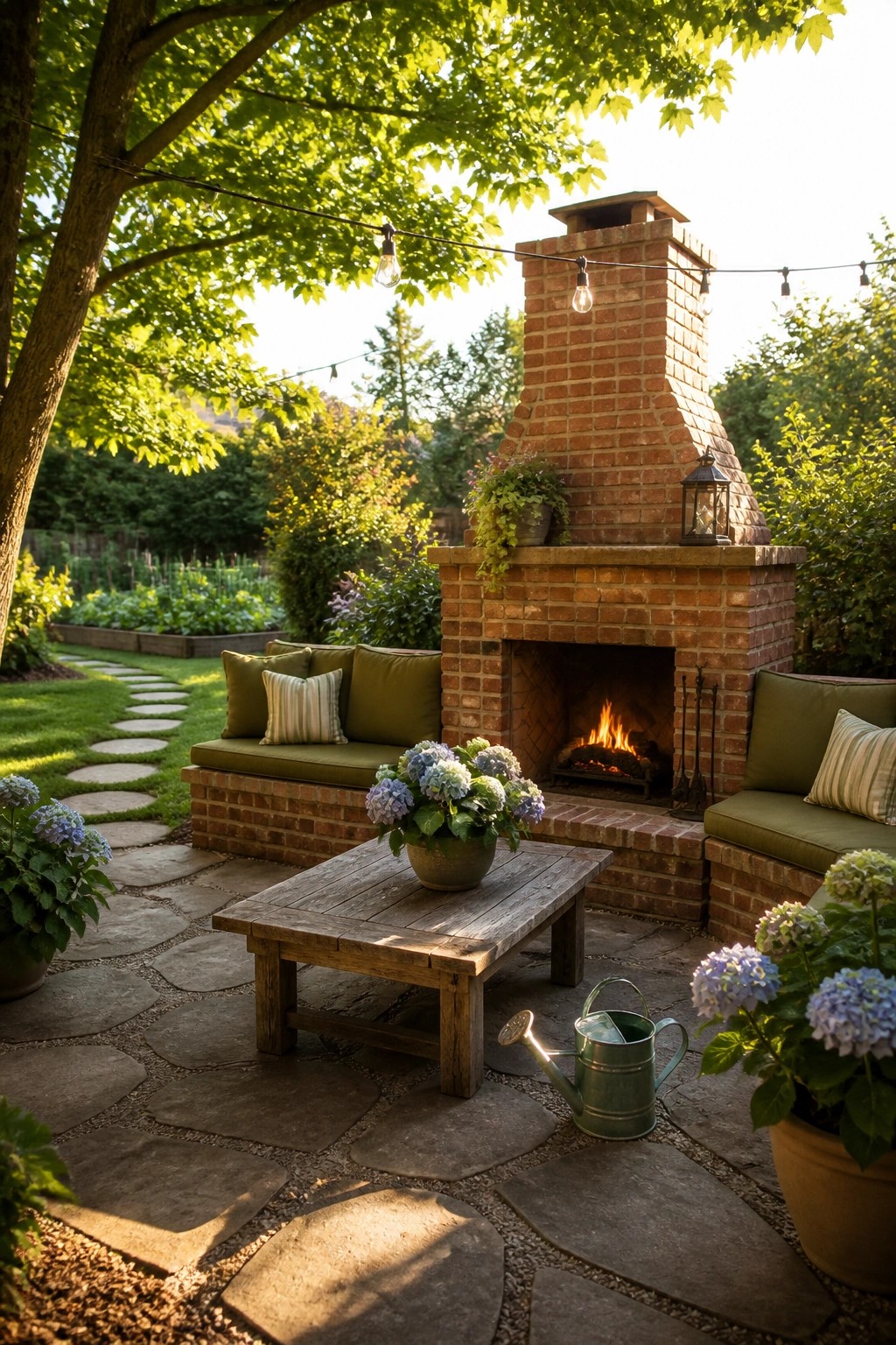 A large brick outdoor fireplace with built-in benches on both sides, a wooden coffee table in front, and potted flowers on a flagstone patio.