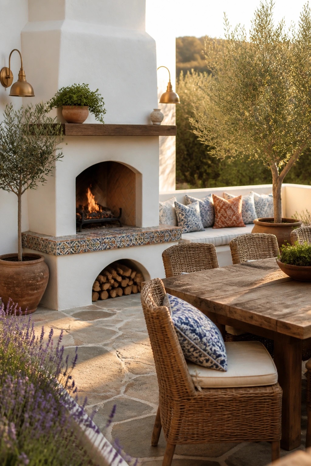 An outdoor white stucco fireplace with a colorful tiled hearth and arched firewood storage below sits on a stone patio beside a wooden dining table and woven chairs.