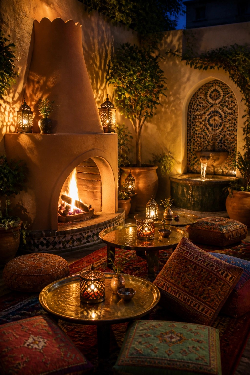 An outdoor courtyard at night with a large terracotta fireplace, lit lanterns, patterned rugs, cushions, low brass tables, and a tiled fountain in the background.