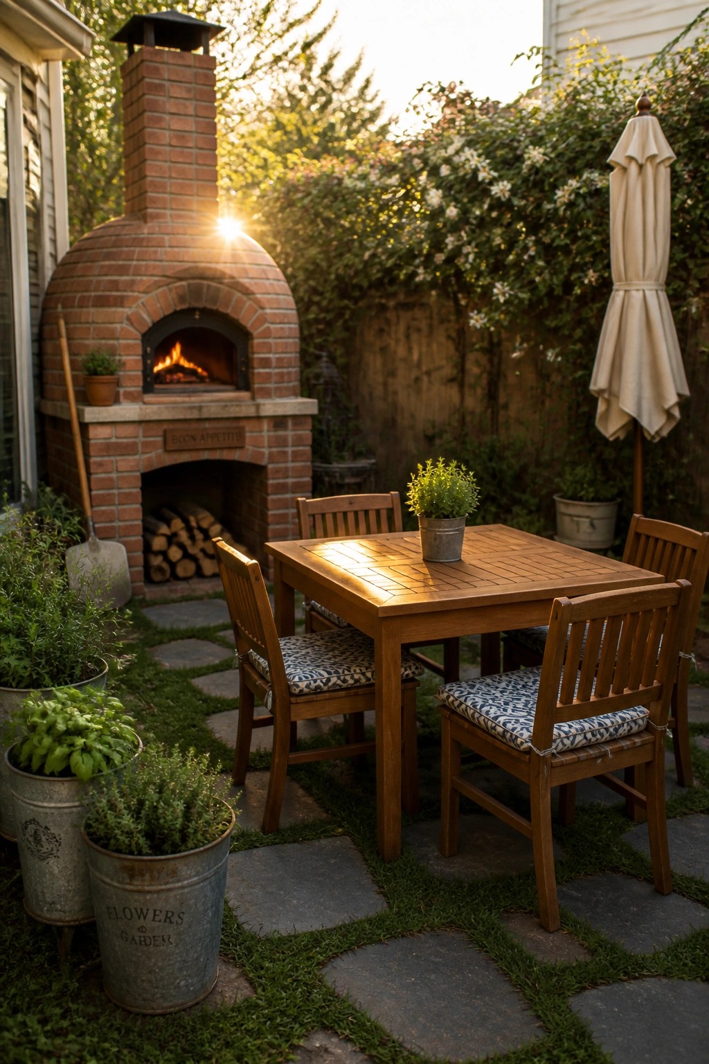 Wooden patio table with chairs beside brick pizza oven at sunset