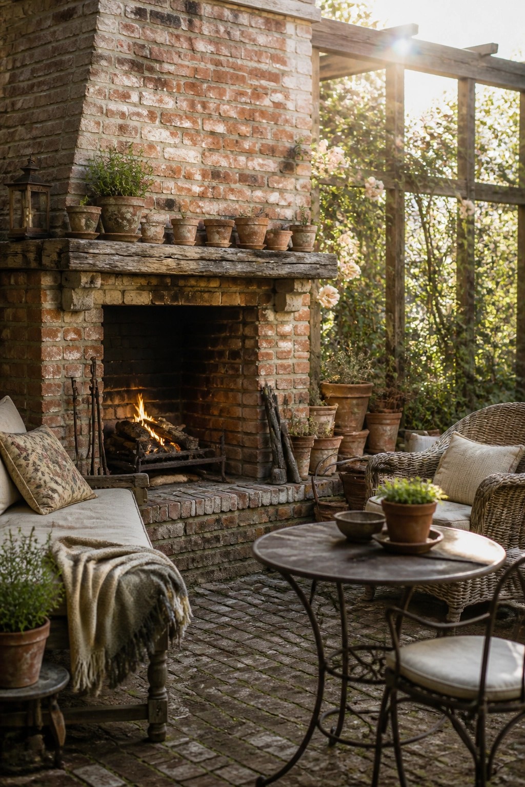 An outdoor brick fireplace with a lit fire, a wooden mantel lined with small potted plants, and patio seating arranged around it on a brick floor.