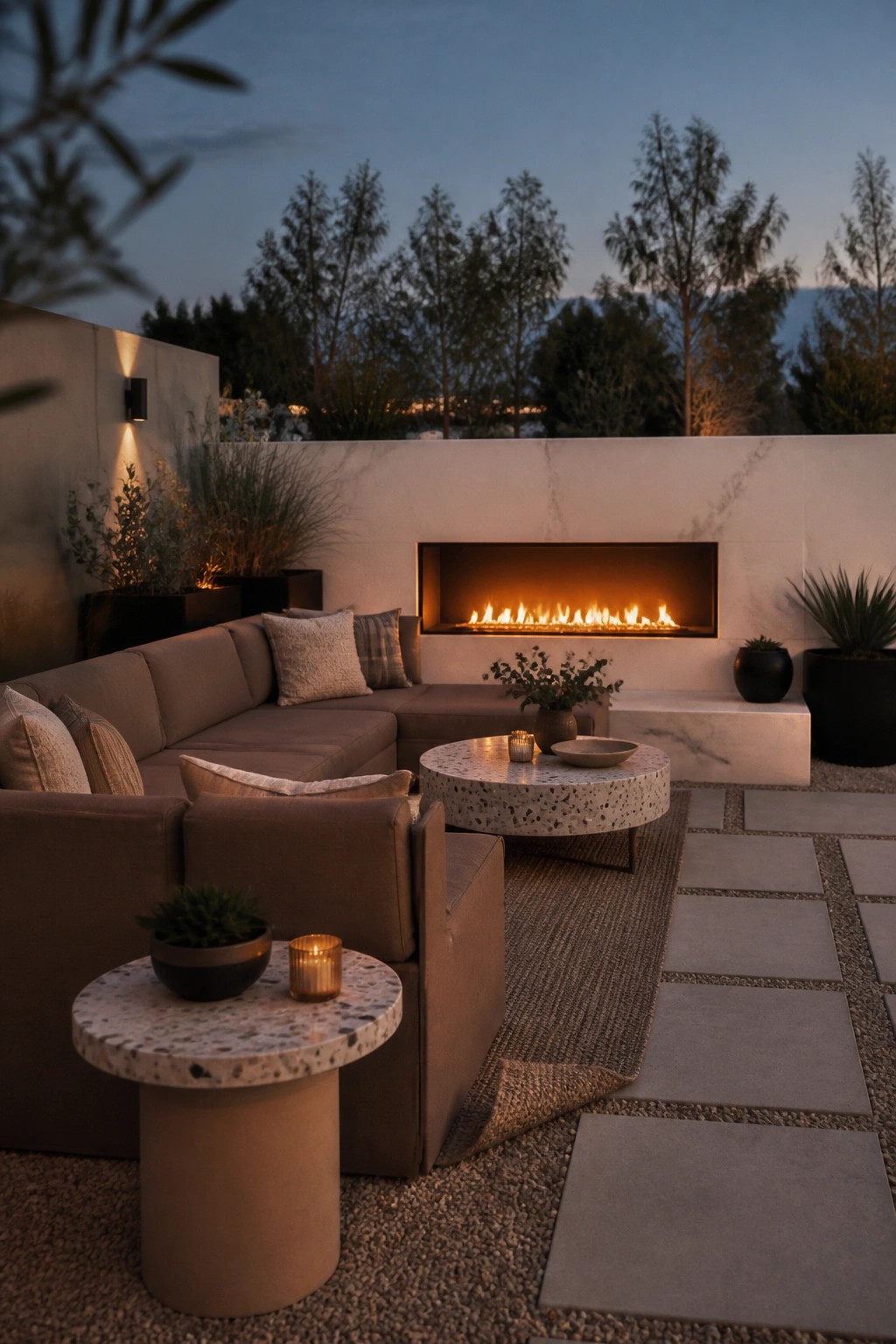An outdoor patio at dusk with a linear gas fireplace built into a light stone wall, an L-shaped sectional sofa arranged around a round terrazzo table, and potted plants along the edges.