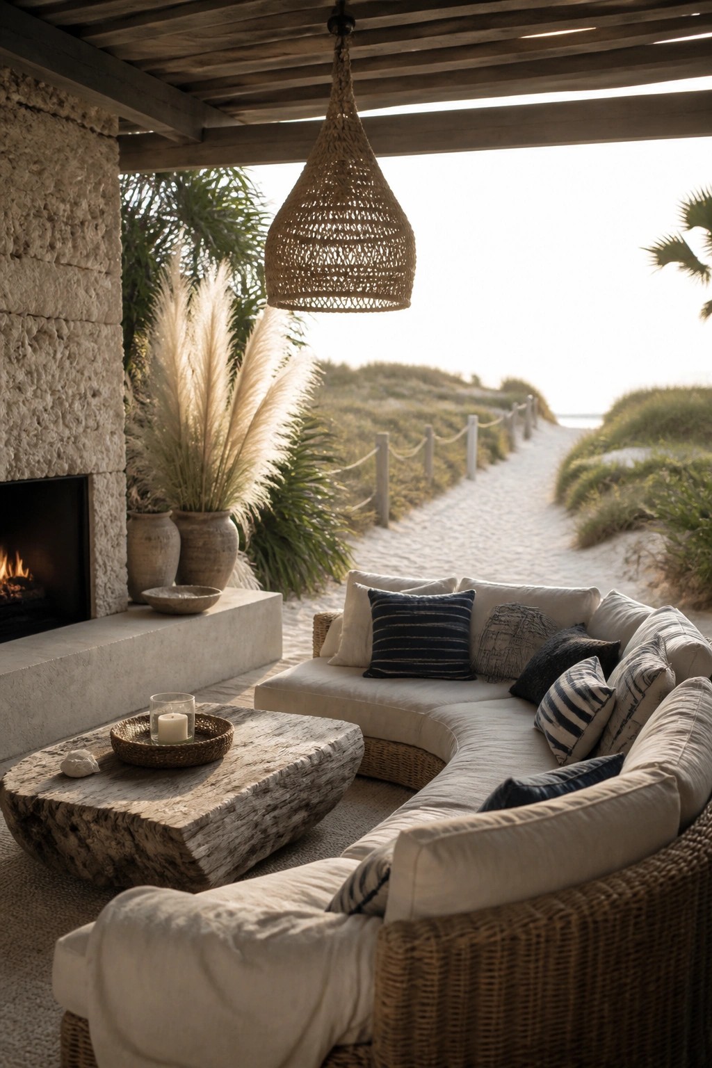 A stone outdoor fireplace sits beside a curved wicker sectional sofa with cushions, a rustic wooden coffee table, and a woven pendant light, overlooking a sandy path to the beach.