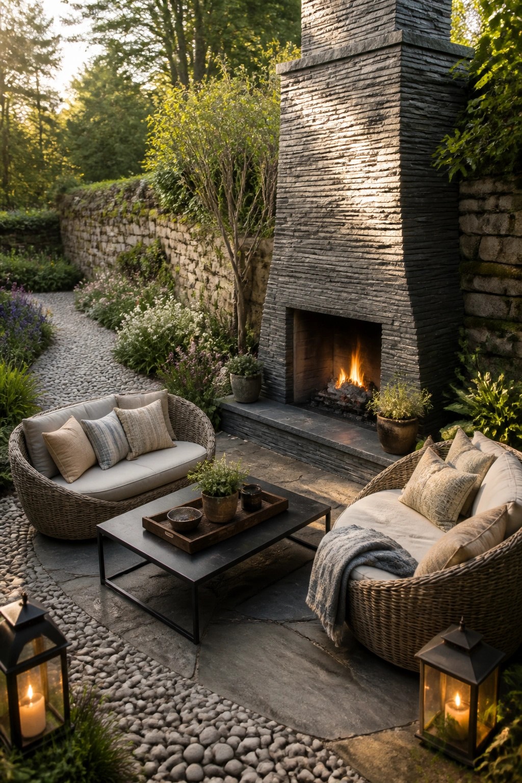 Cozy garden patio with stone fireplace, wicker seating, coffee table, and lanterns.