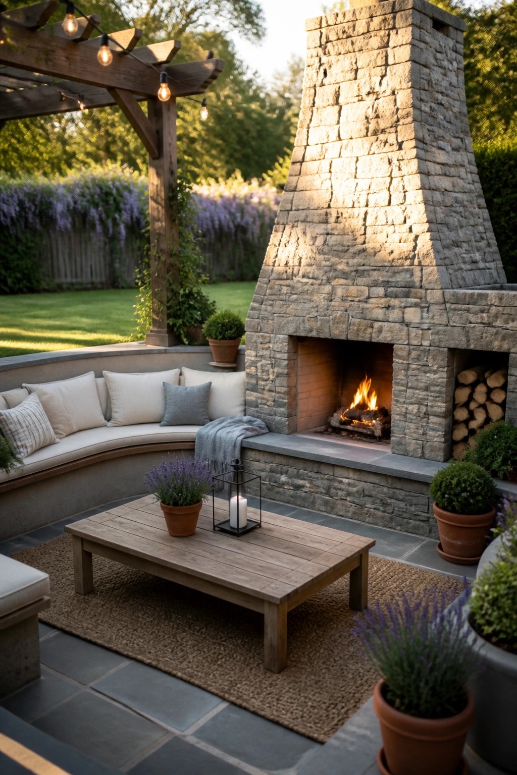 A backyard patio featuring a large stone outdoor fireplace with integrated wood storage, curved built-in seating with cushions, a wooden coffee table on a rug, and surrounding potted plants.