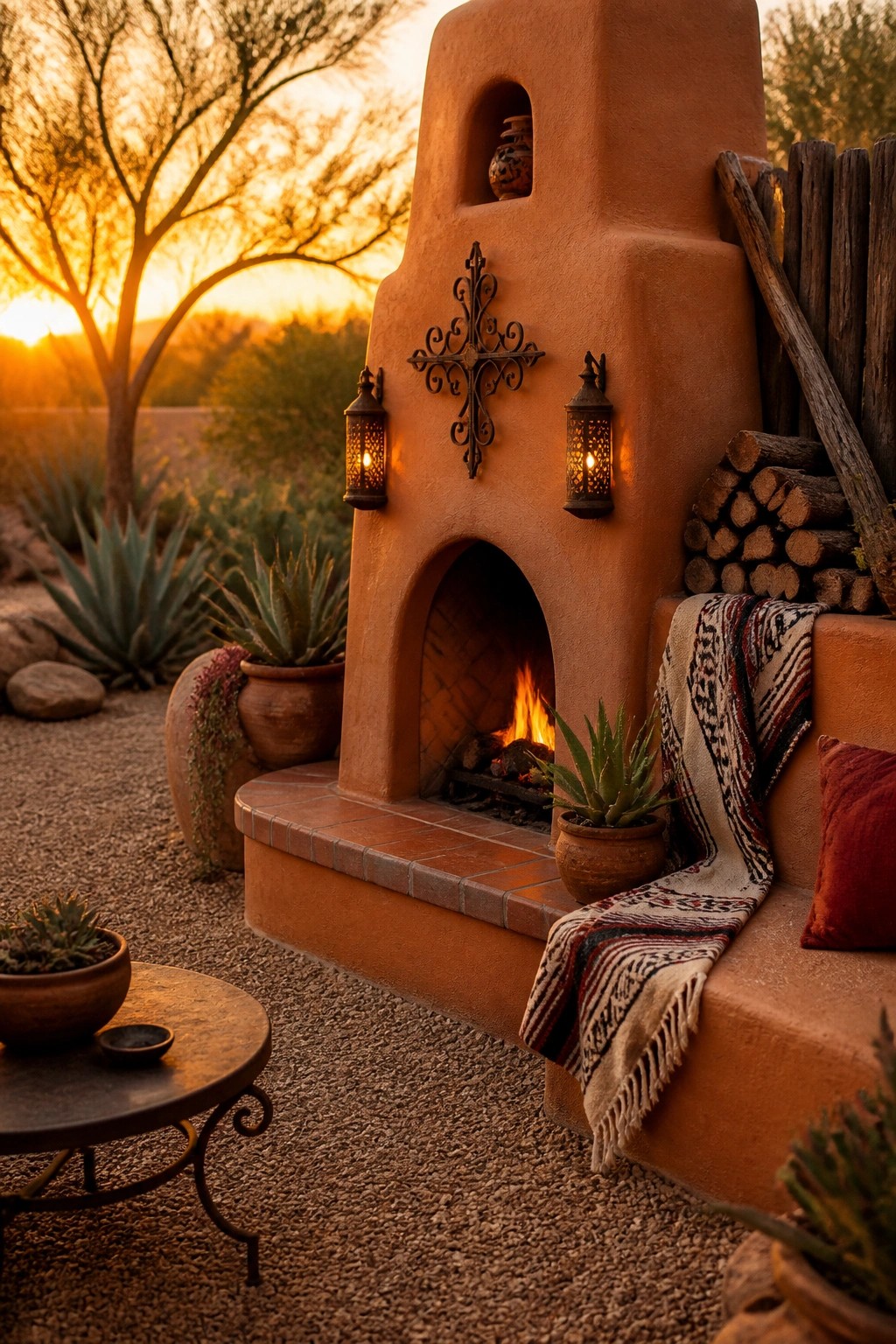 A tall adobe outdoor fireplace with an arched firebox, extended tiled hearth serving as a bench, and a woven blanket draped across the seat.