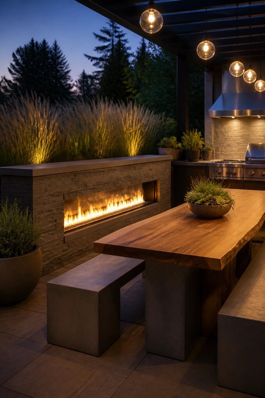 Modern outdoor patio with wooden dining table, linear fireplace, and hanging globe lights.