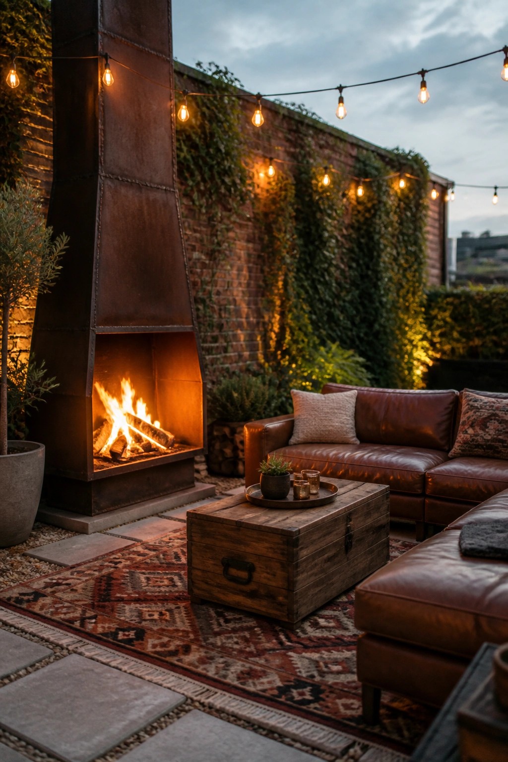 A large metal outdoor fireplace with a burning fire sits on a patio beside a brown leather sofa, wooden chest, patterned rug, and string lights against a brick wall with climbing plants.