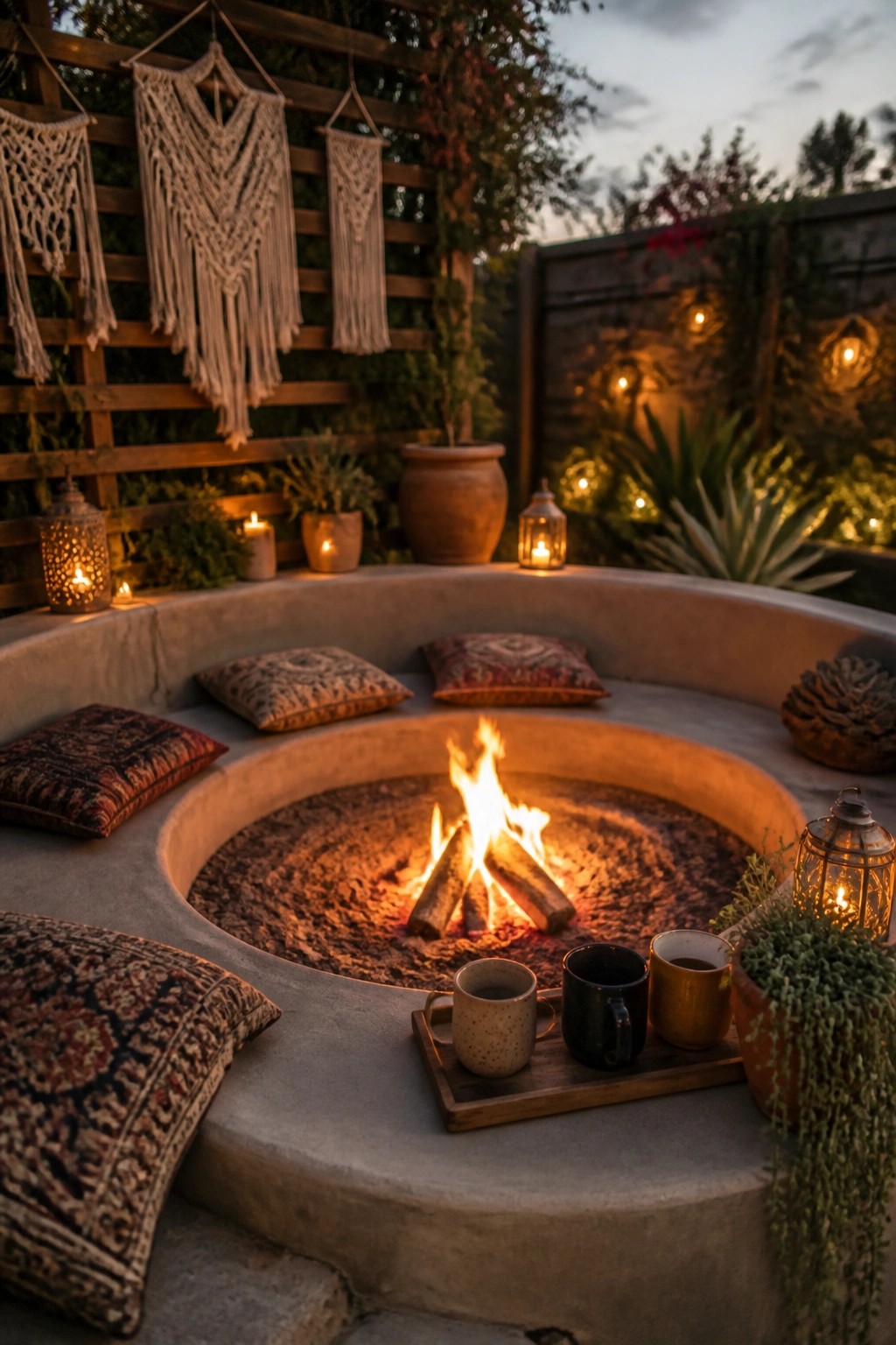 A circular concrete fire pit with burning wood, surrounded by patterned pillows on the built-in ledge, with macrame hangings on a wooden fence and several lanterns nearby.