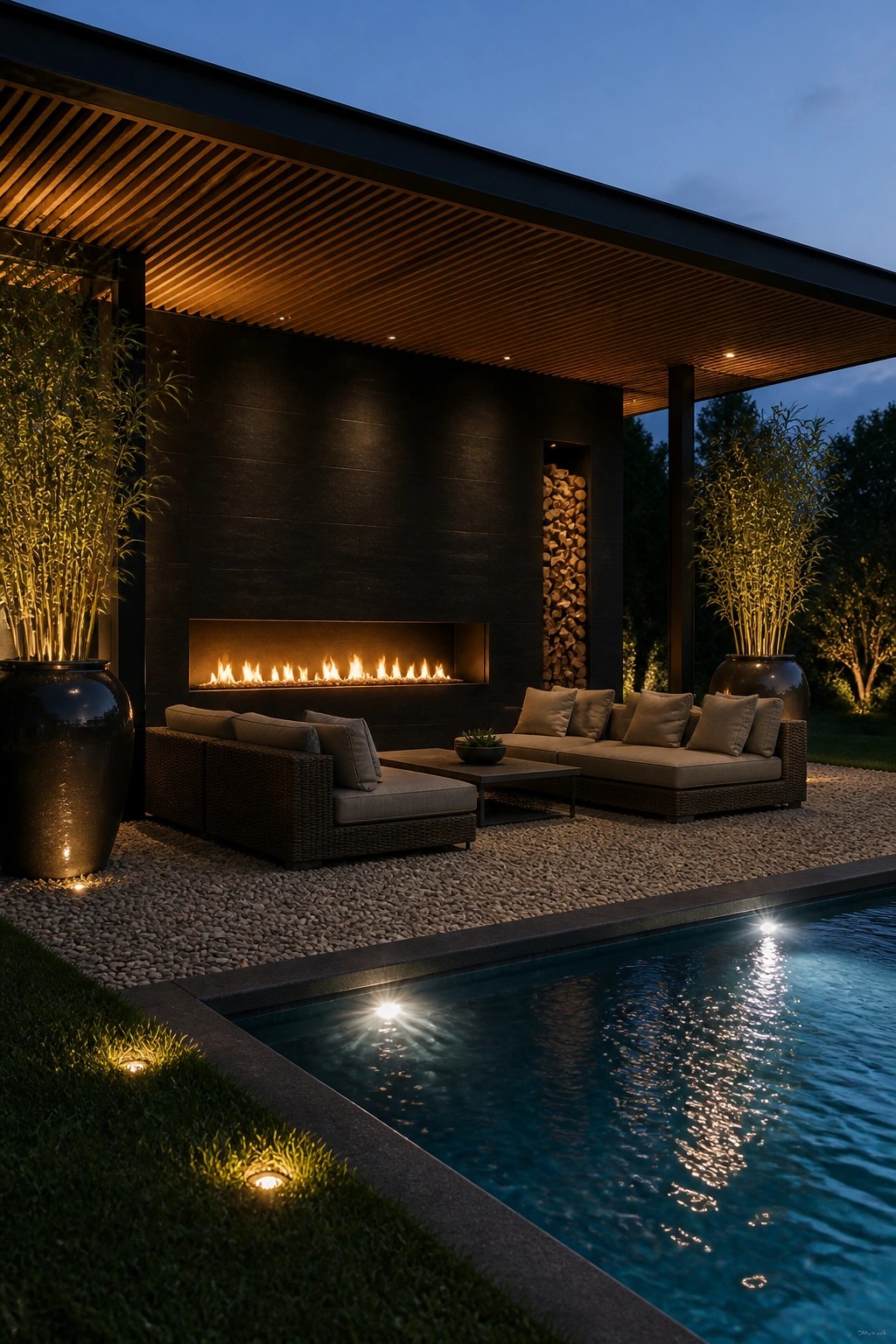 A modern outdoor patio at dusk with a linear fireplace built into a dark wall, wicker seating on gravel, a swimming pool in the foreground, and large potted plants on either side.