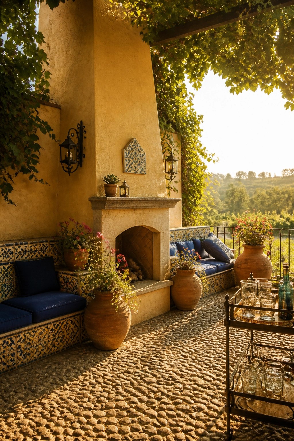An outdoor patio with a large stucco fireplace, built-in blue cushioned benches with colorful tile borders on both sides, terracotta pots, and a cobblestone floor.