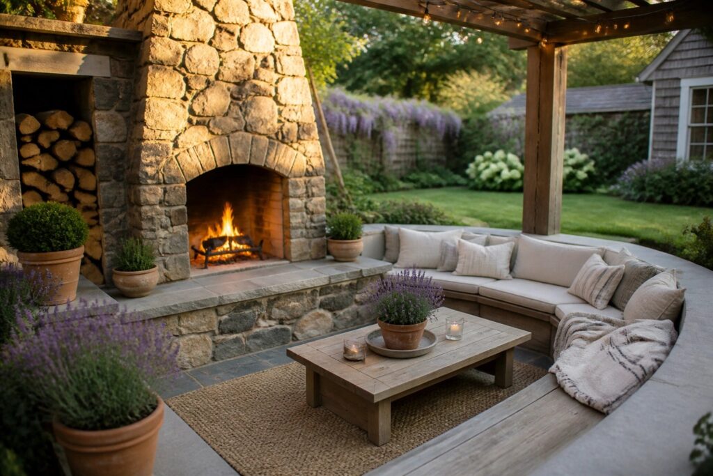 24 Beautiful Outdoor Fireplace Ideas to Anchor a Backyard Seating Area A backyard patio featuring a large stone outdoor fireplace with integrated wood storage, curved built-in seating with cushions, a wooden coffee table on a rug, and surrounding potted plants.